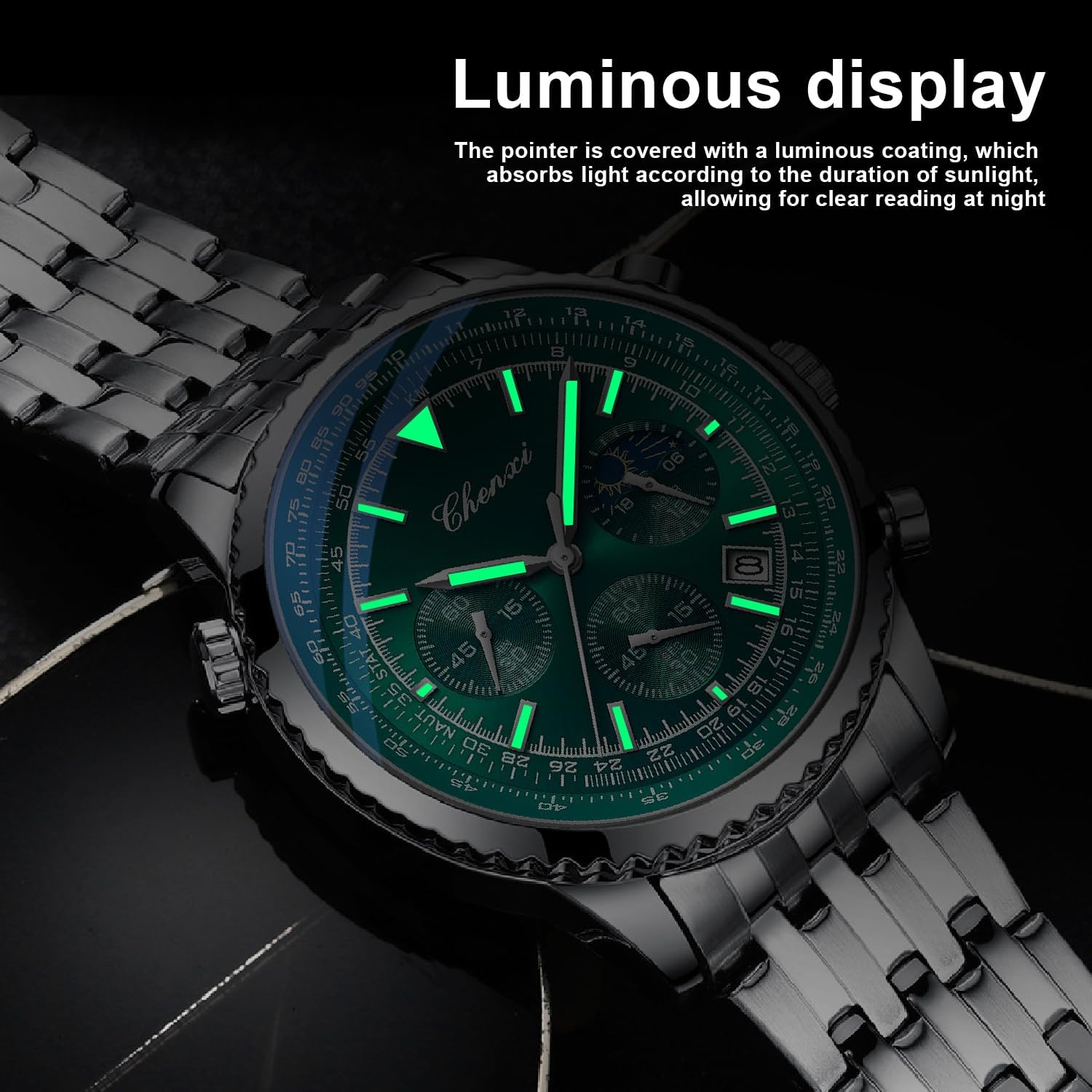 Detalle de Tiong Herren Business Chronograph – Edelstahl & Lederarmband mit Mondphase, Sechshänder, wasserdicht und Leuchtziffern