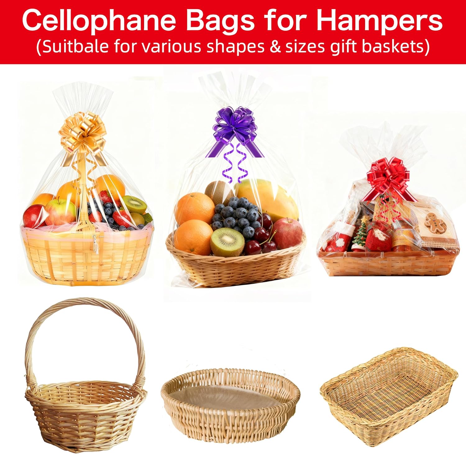 Thumbnail 4 de 5 Extra Large Cellophane Wrap for Hampers (100cm × 70cm) with 5 Pull Bows – Clear Gift Bags for Hampers