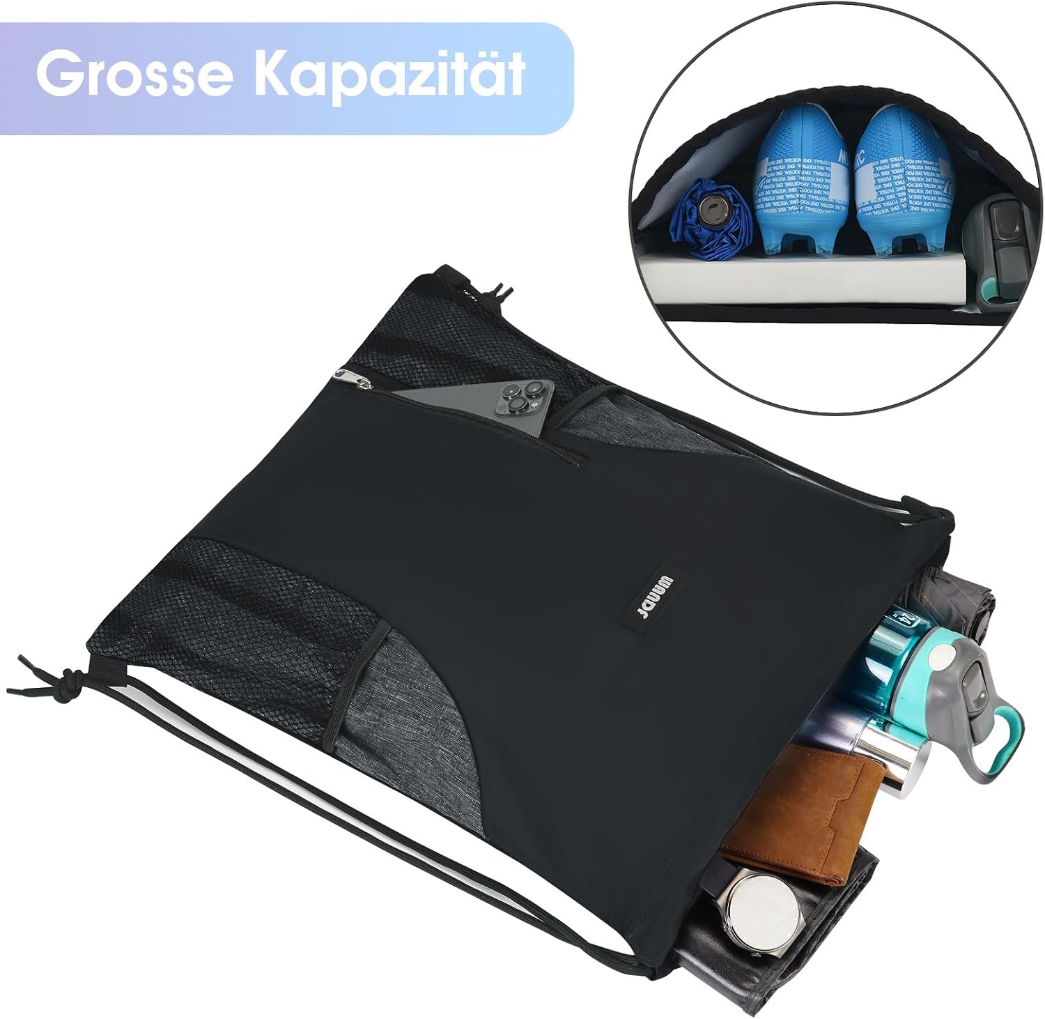 Detalle 2 de WANDF gympapåse med dragsko, 20 liter, nätfickor och vattenavvisande polyester