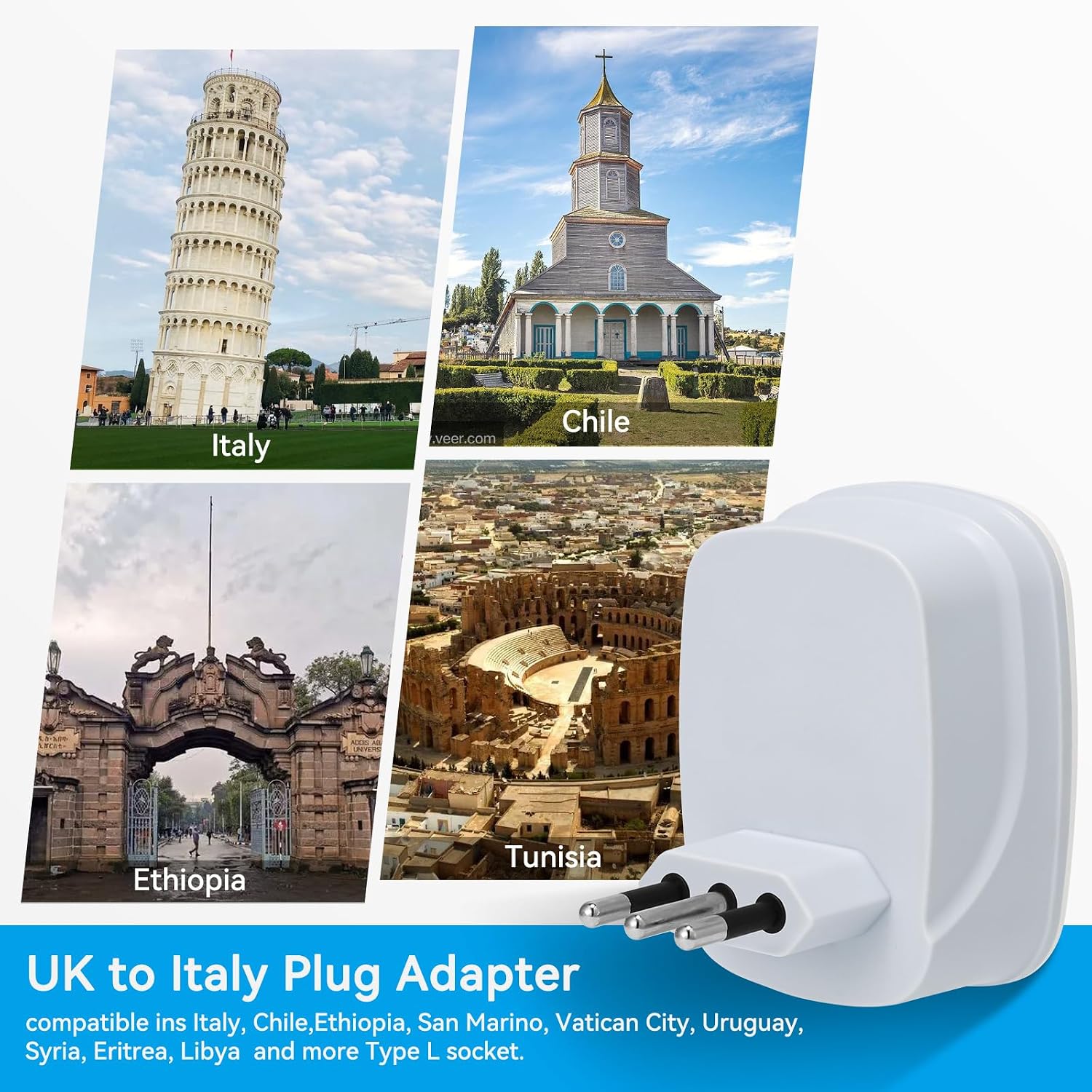 Detalle de SHUOMAO UK to Italy Travel Adapter with 4 USB Ports (Type L) – 17W USB-C Charger