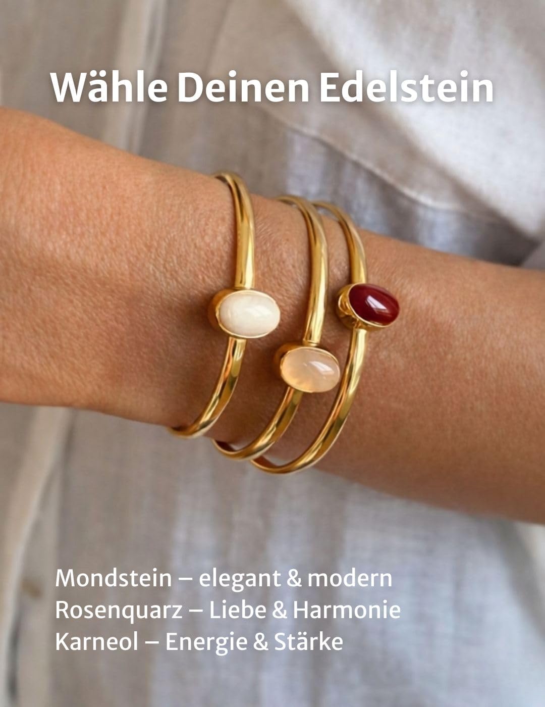 Thumbnail 2 de happymaker Armreif Gold Damen mit echten Edelsteinen – Mondstein, Rosenquarz oder Karneol