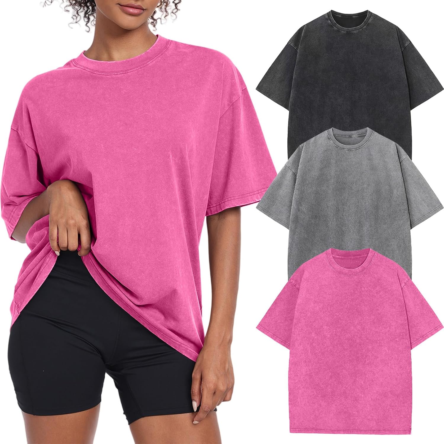 Detalle de KEEPSHOWING Vintage Oversized Cotton T-Shirt, Acid-Washed, Short Sleeve