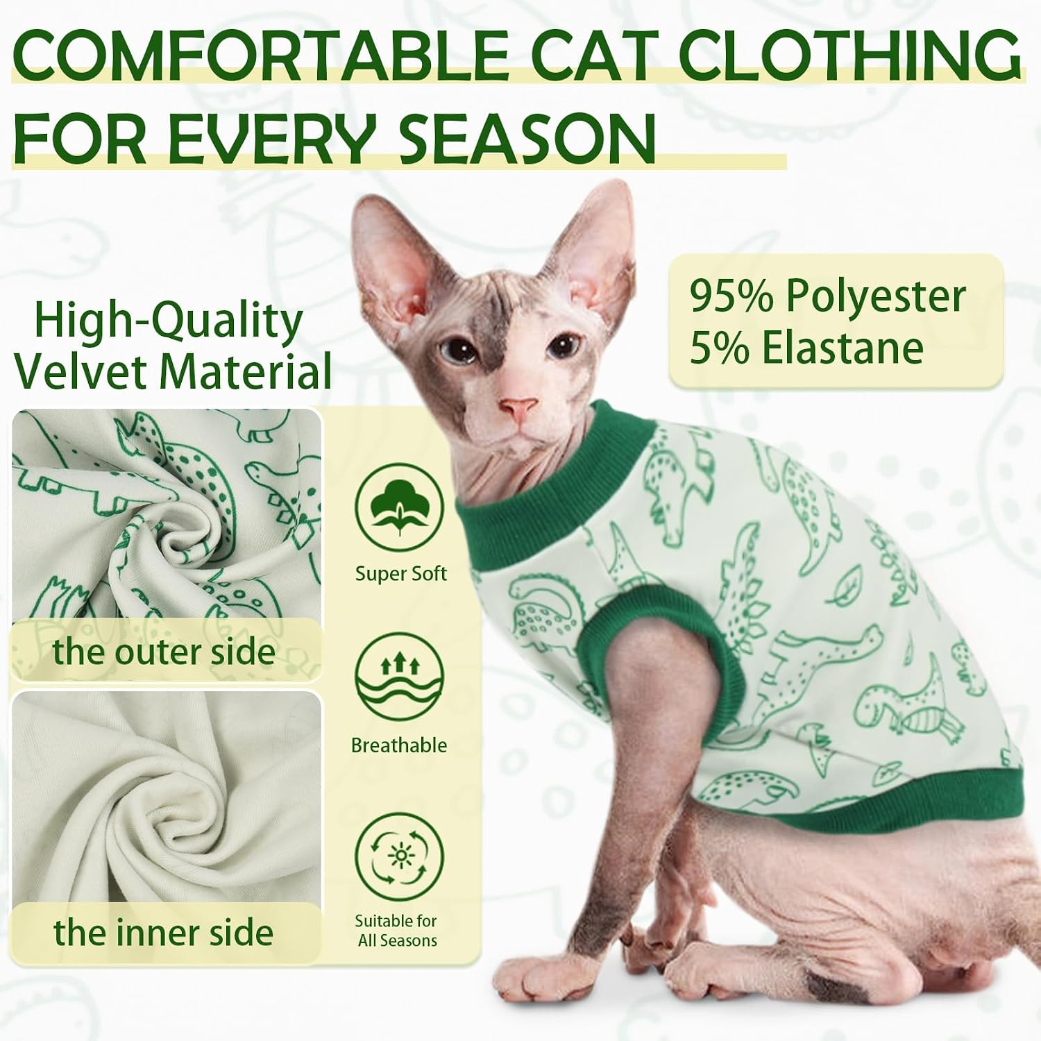 Detalle de OUOBOB Sleeveless Cat Vest in Dralon Fleece – Dino Print, Sphynx & All Breeds (Green M)