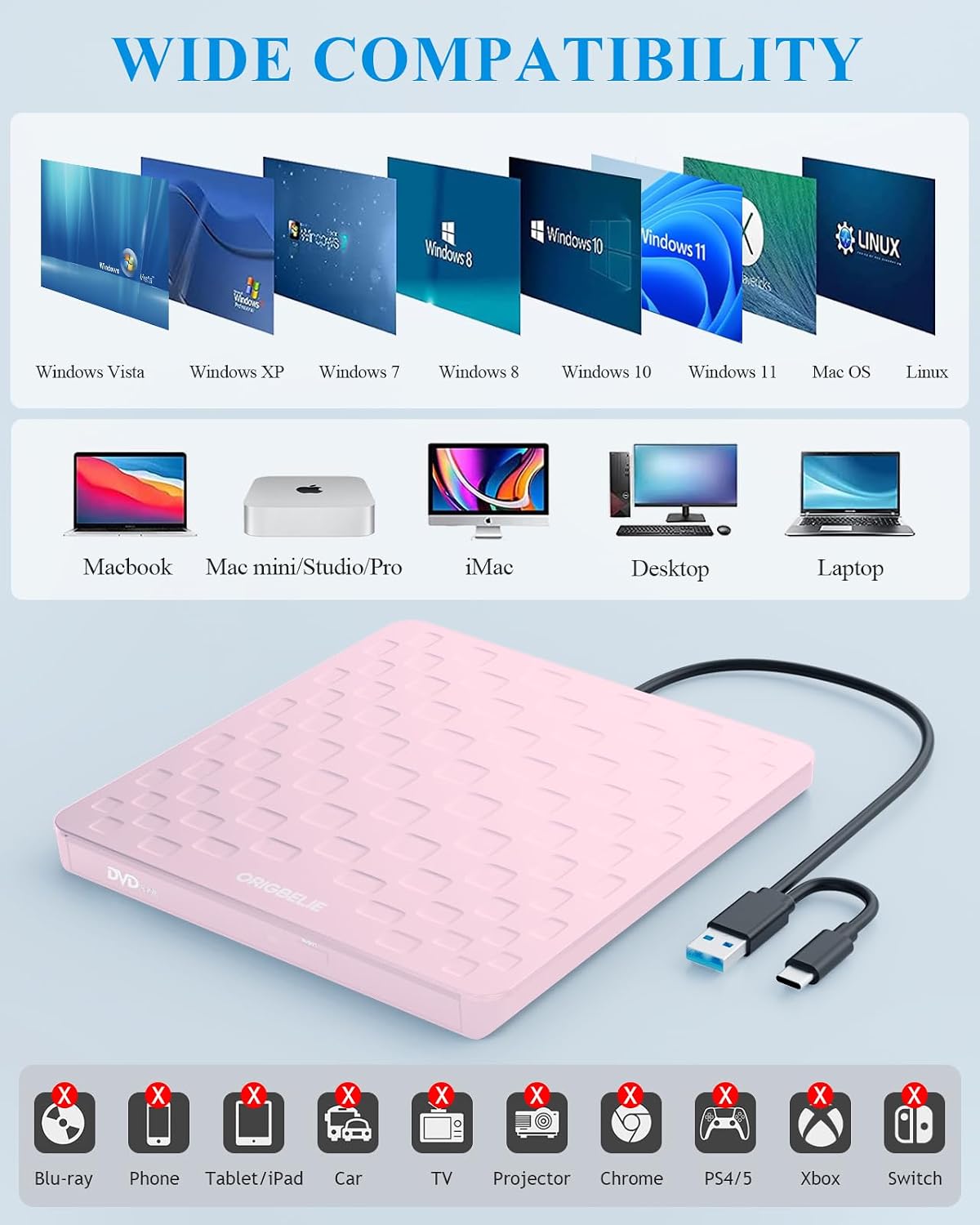 Detalle 2 de ORIGBELIE TP520-Pink External CD/DVD Drive, USB 3.0, Type-C, 13mm