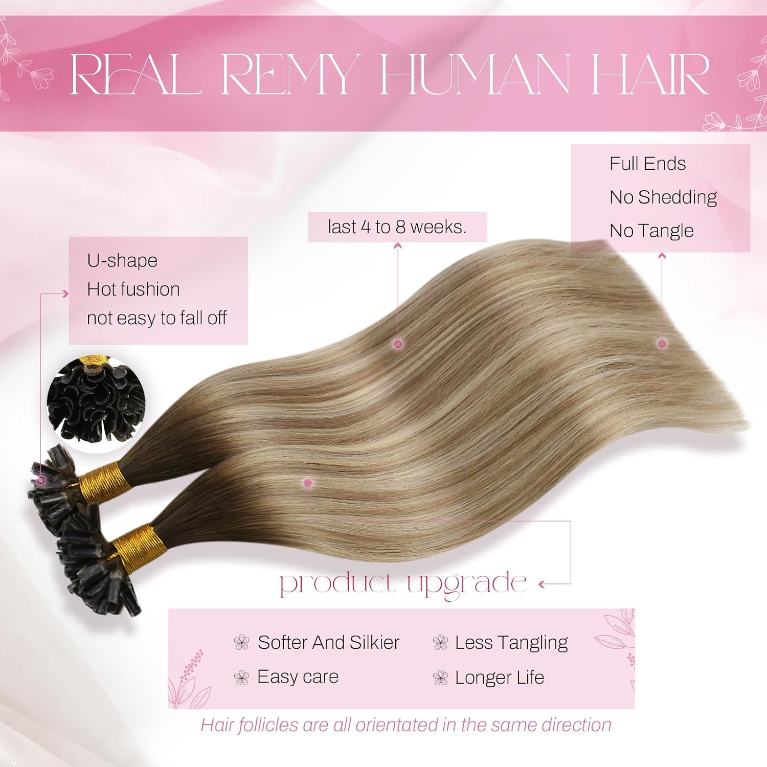 Detalle de Moresoo Echthaar Bondings – Keratin U tipi Extensions, Braun Ombre Blond, 55 cm, 50 g