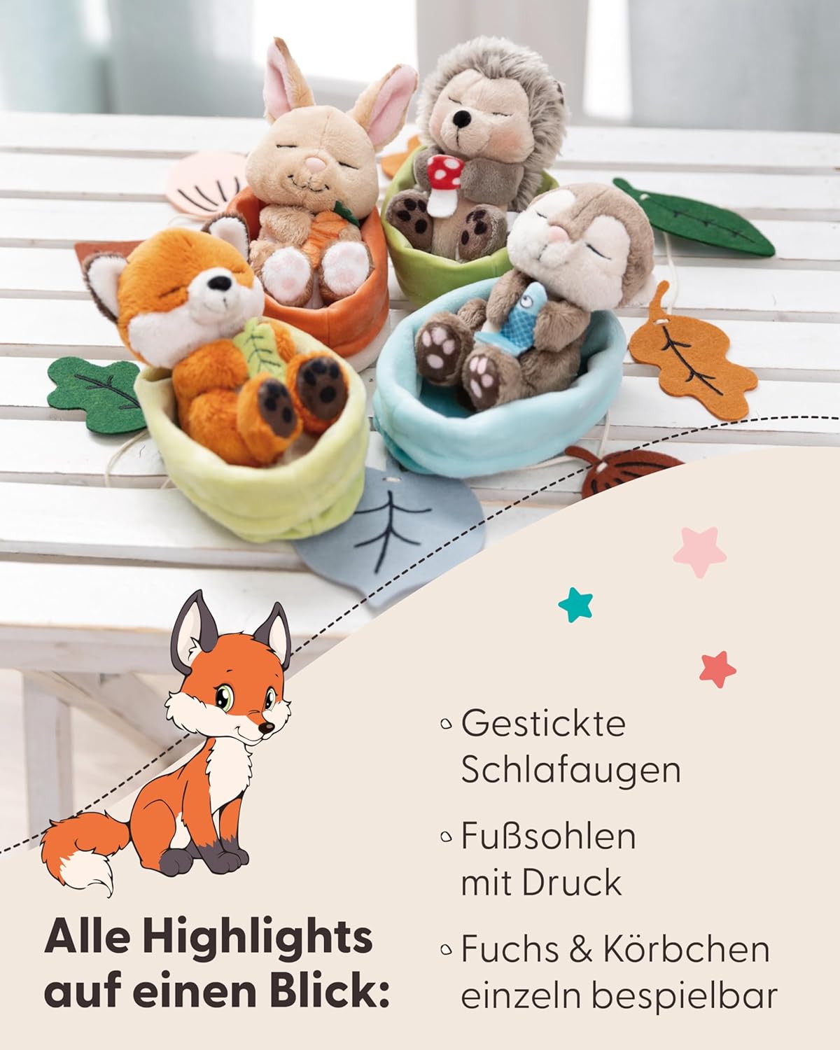 Detalle 2 de NICI Kuscheltier Fuchs mit Blatt – 12 cm, schlafend im Körbchen, orange