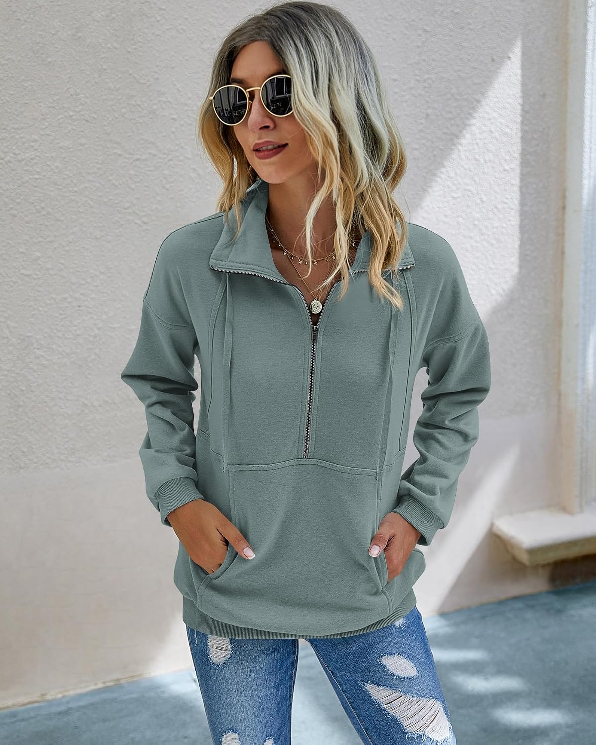 Detalle 2 de PRETTYGARDEN Long Sleeve Half Zip Pullover