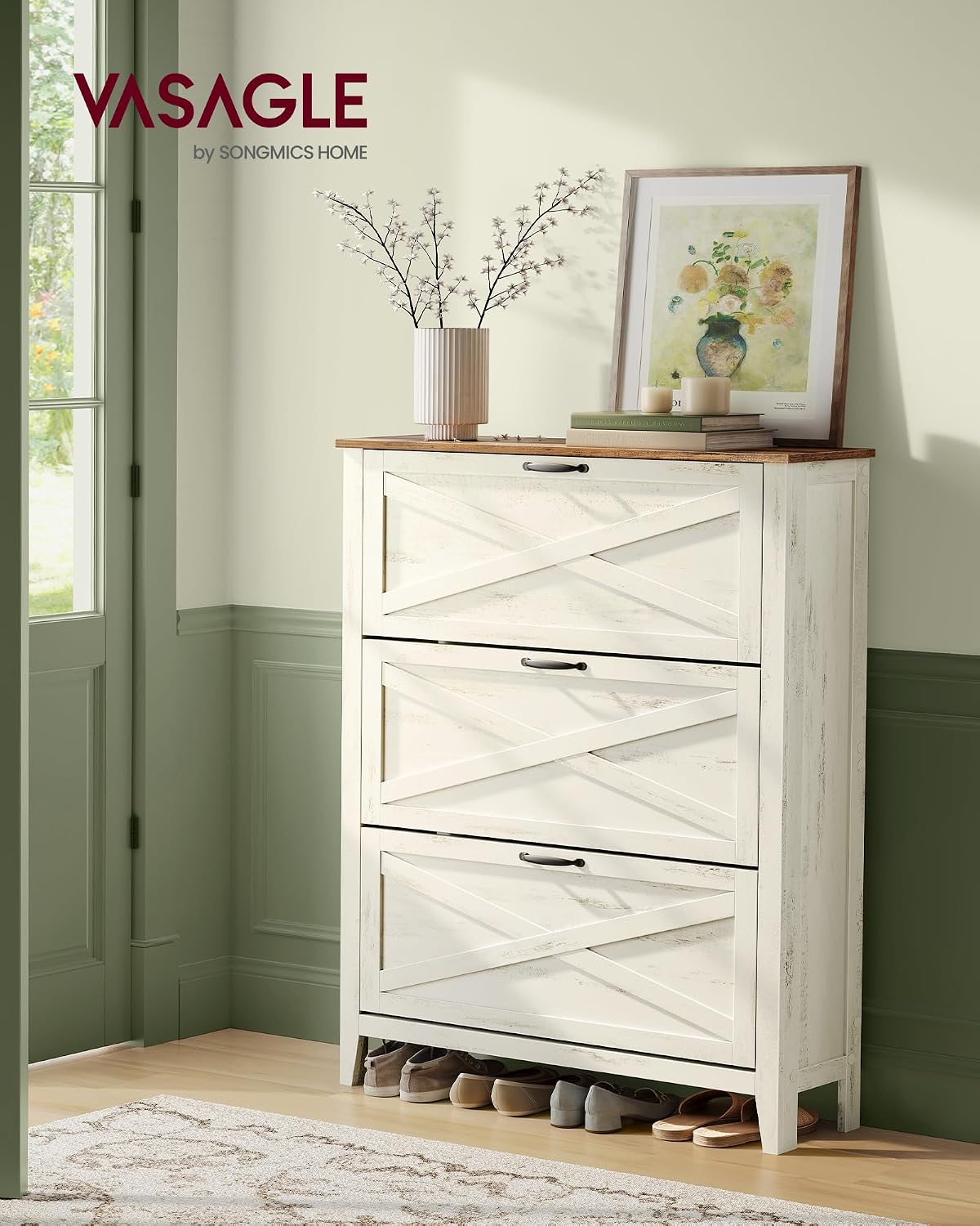 Detalle 2 de VASAGLE LIRY HSC301W02 shoe cabinet, 3 flaps, vintage white
