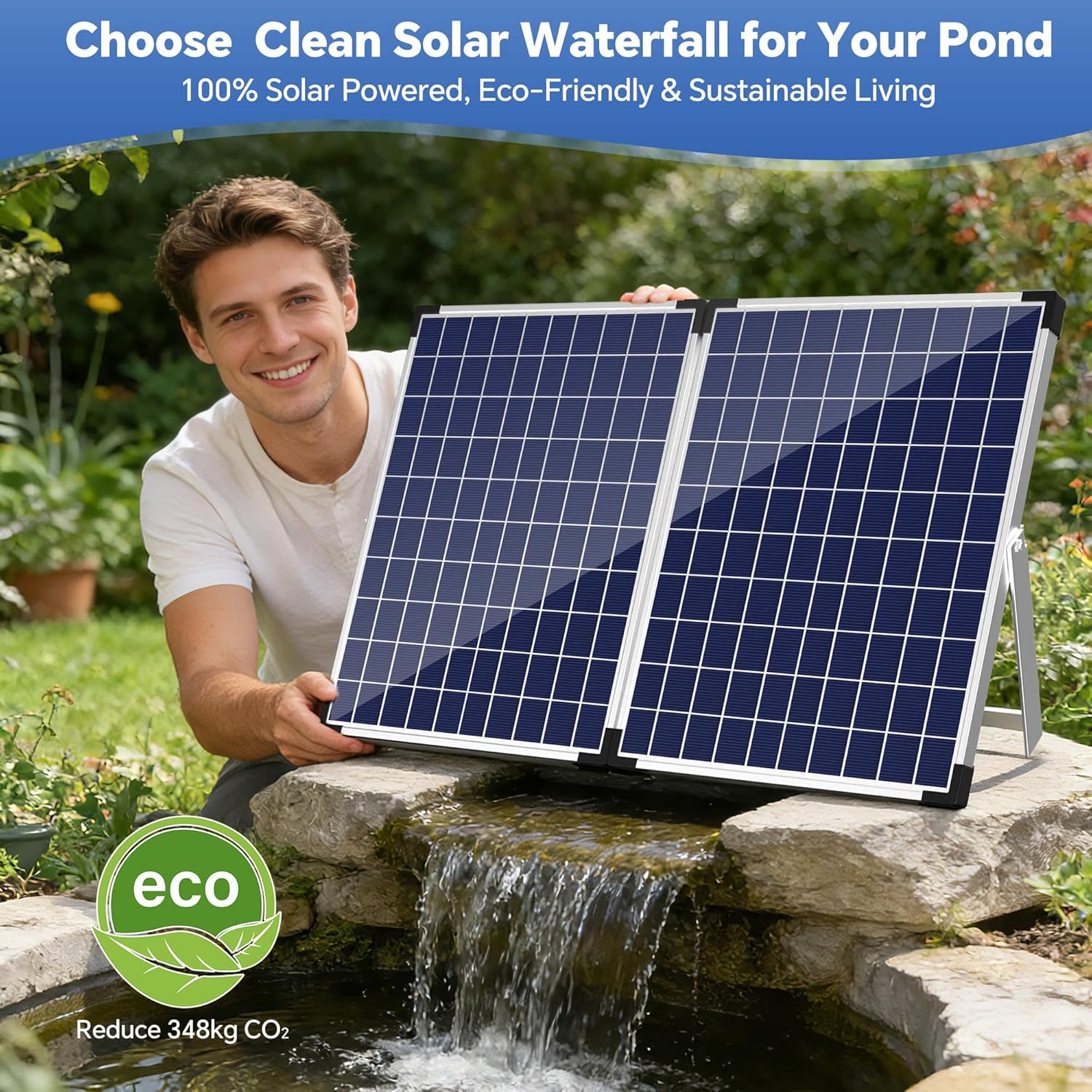 Detalle de Biling 50W Solar Waterfall Pump – Stainless Steel Pond Kit for 4000L Ponds