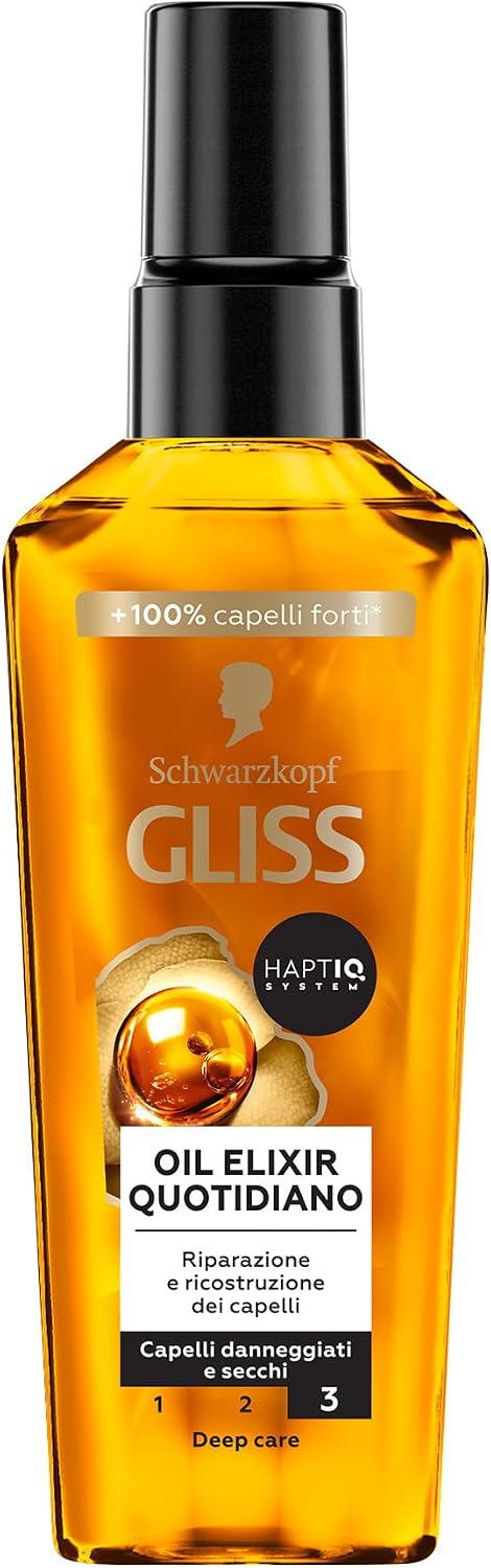 Detalle de Schwarzkopf Gliss Oil Elixir Quotidiano 75 ml: olio nutriente per capelli danneggiati, con HAPTIQ System