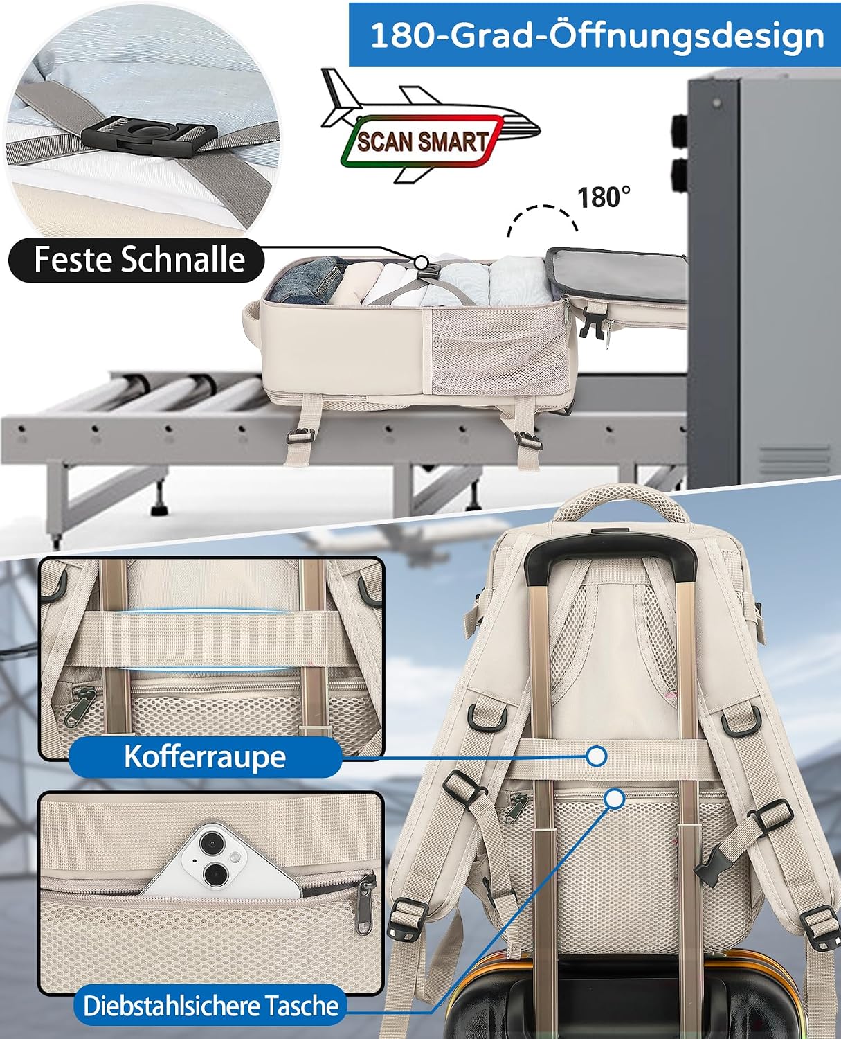 Thumbnail 2 de KLOSTAIN Handgepäck-Rucksack 40 x 20 x 25 cm (20 L) mit 14-Zoll-Laptopfach – Beige