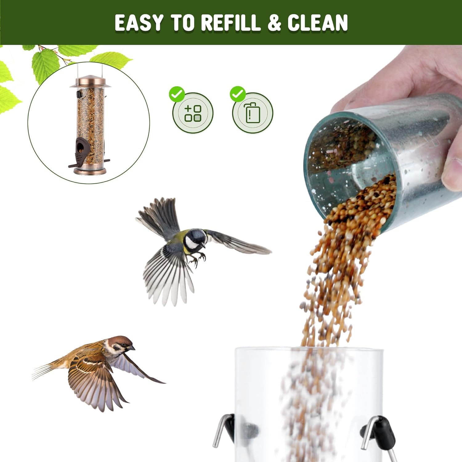 Thumbnail 2 de Urban Deco Copper-Finish Hanging Bird Feeders (2-port metal) – Weatherproof seed feeder, 2 pack