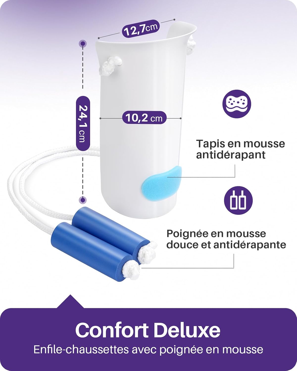 Detalle de Kekoy Enfile-chaussettes avec aide à 3 doigts (Solution simplifiée) – blanc, 1 pièce