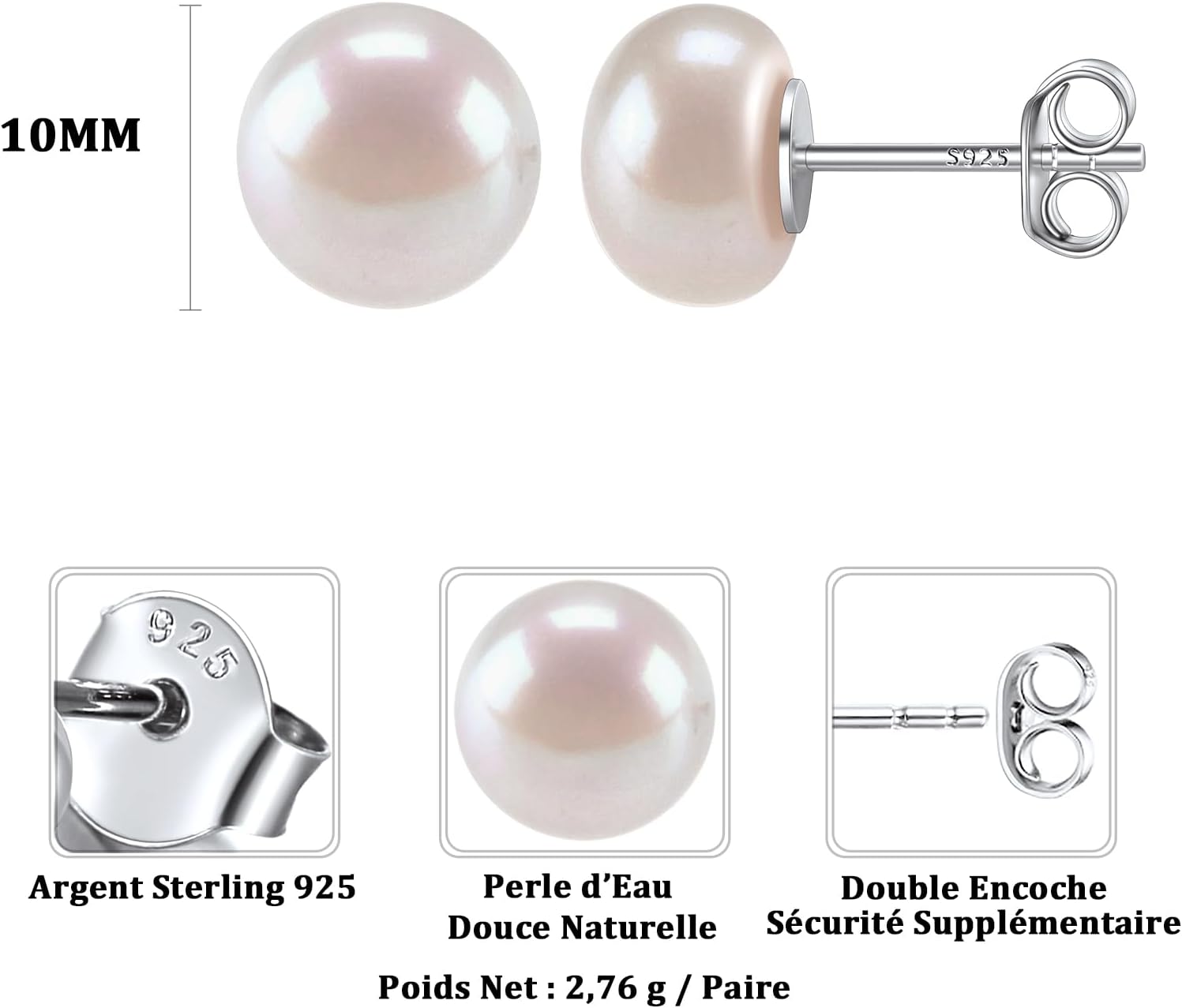 Thumbnail 4 de ChicSilver Boucles d'oreilles Perle de Culture d'Eau Douce Argent 925 – 4/6/8/10 mm, hypoallergéniques