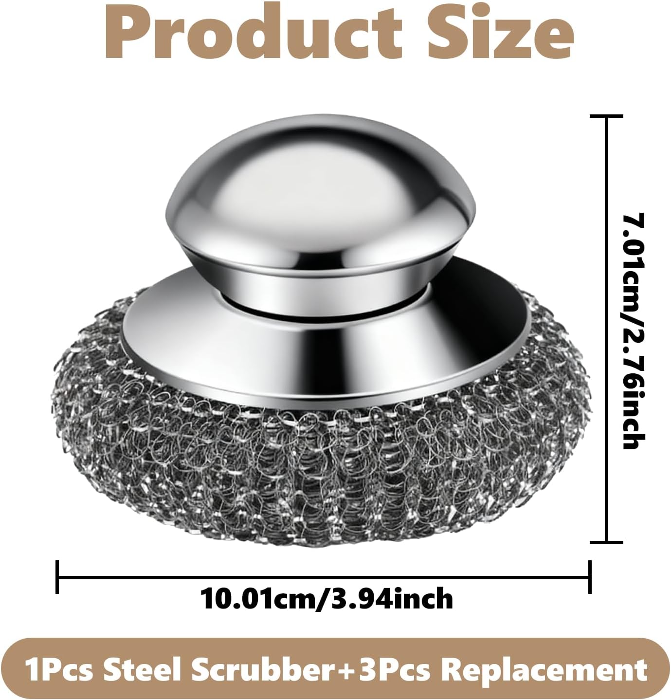 Detalle de Steel Wool Scrubber, 4-Pack with Handle: Durable Stainless Steel Cleaning Pad Set for Kitchen and Beyond