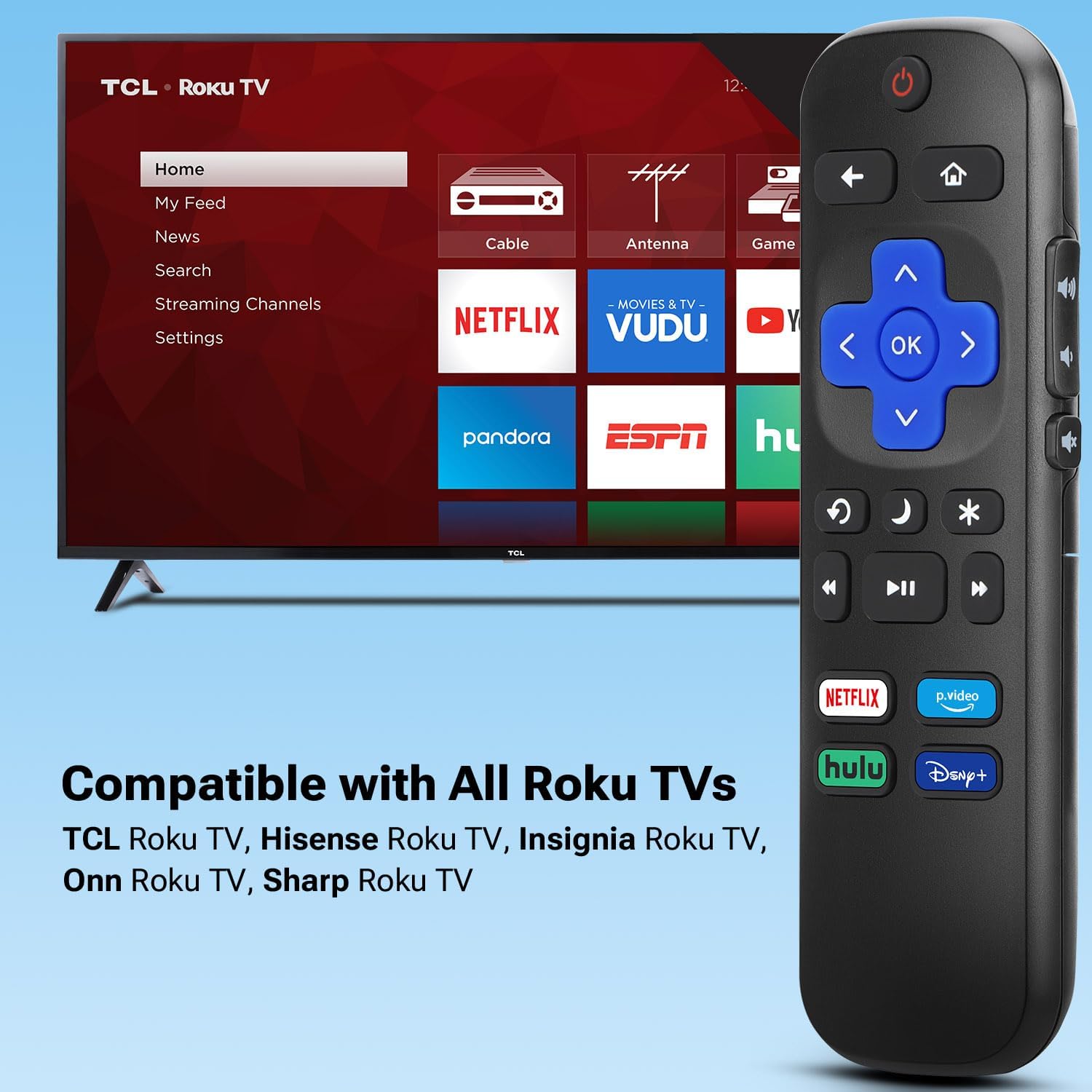 Thumbnail 1 de For Roku TV Remote Control Replacement (Compatible with TCL/Hisense/Onn/Insignia/Sharp/Roku TVs)