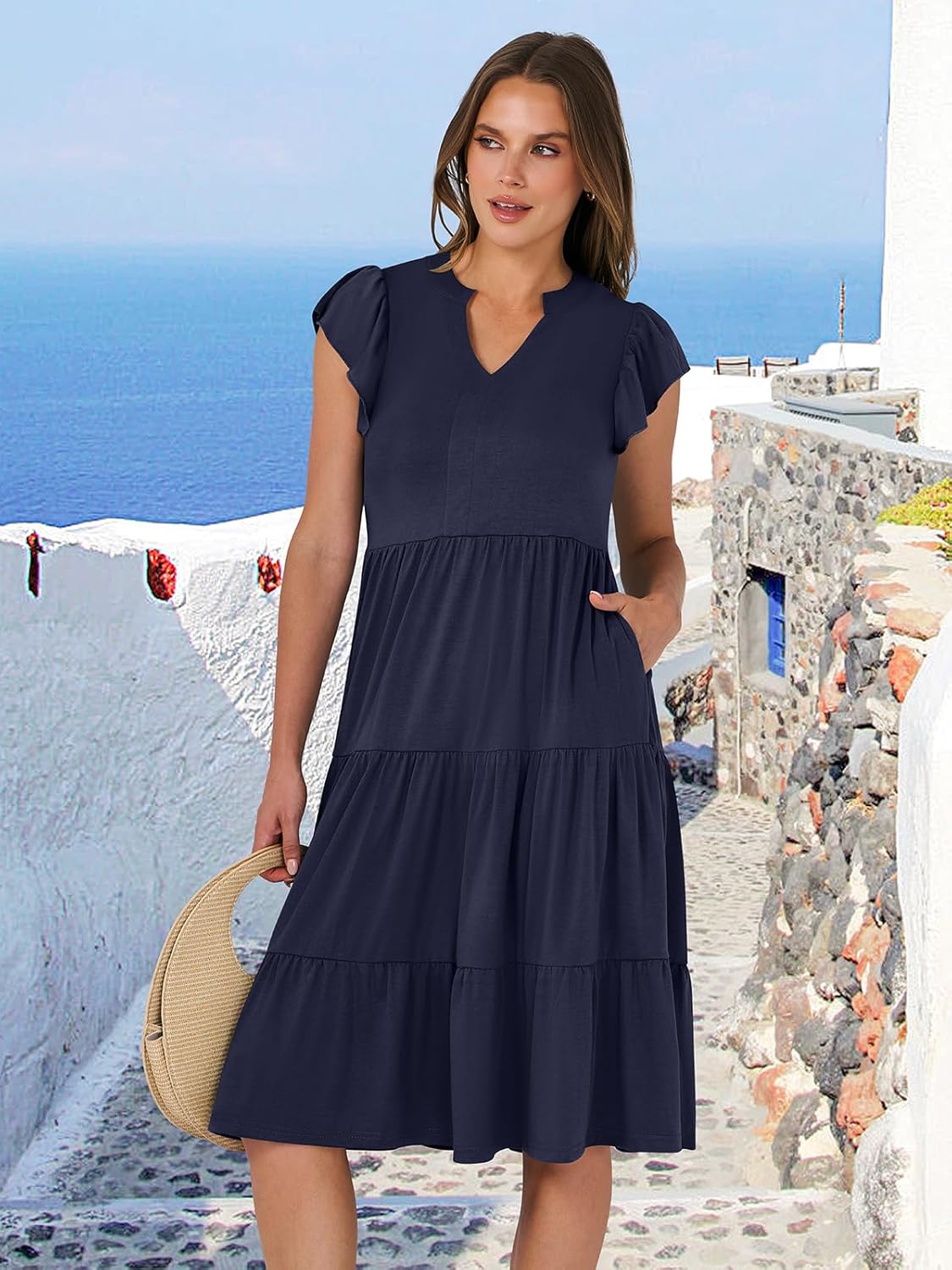 Thumbnail 3 de ANRABESS Women's Summer Dress with Ruffle Sleeves and V-Neck