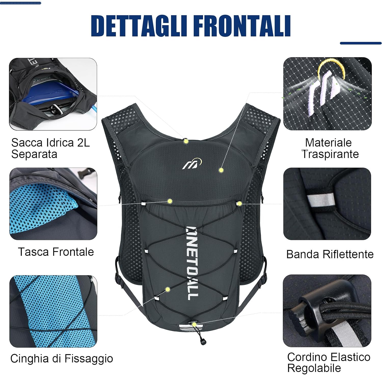 Detalle 2 de ONETOALL Zaino Trail Running: Gilet Running con Sacca Idrica 2L, leggero e riflettente