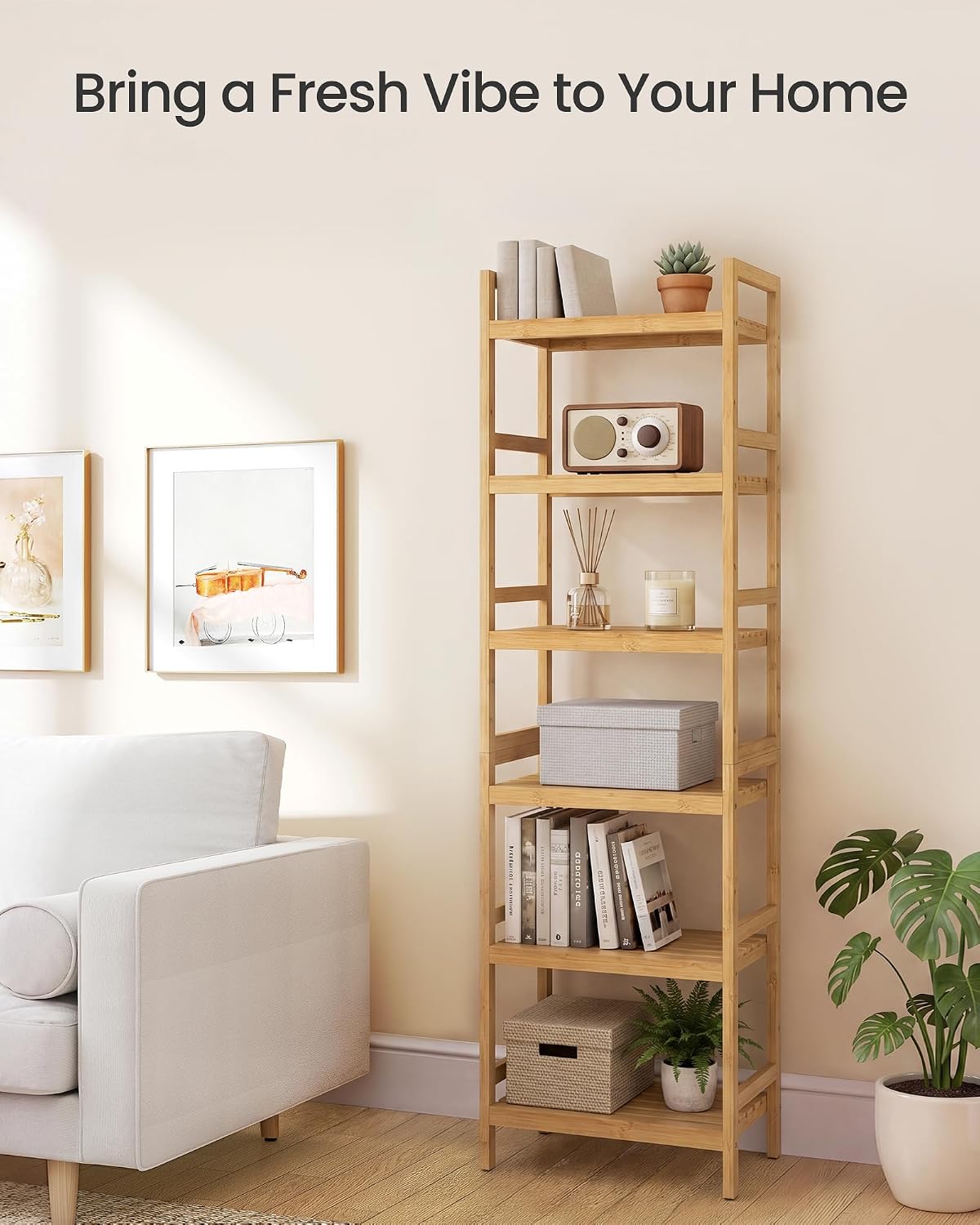 Thumbnail 4 de SONGMICS Bamboo Storage Shelf 6-Tier 30 x 43 x 173 cm – Natural Beige
