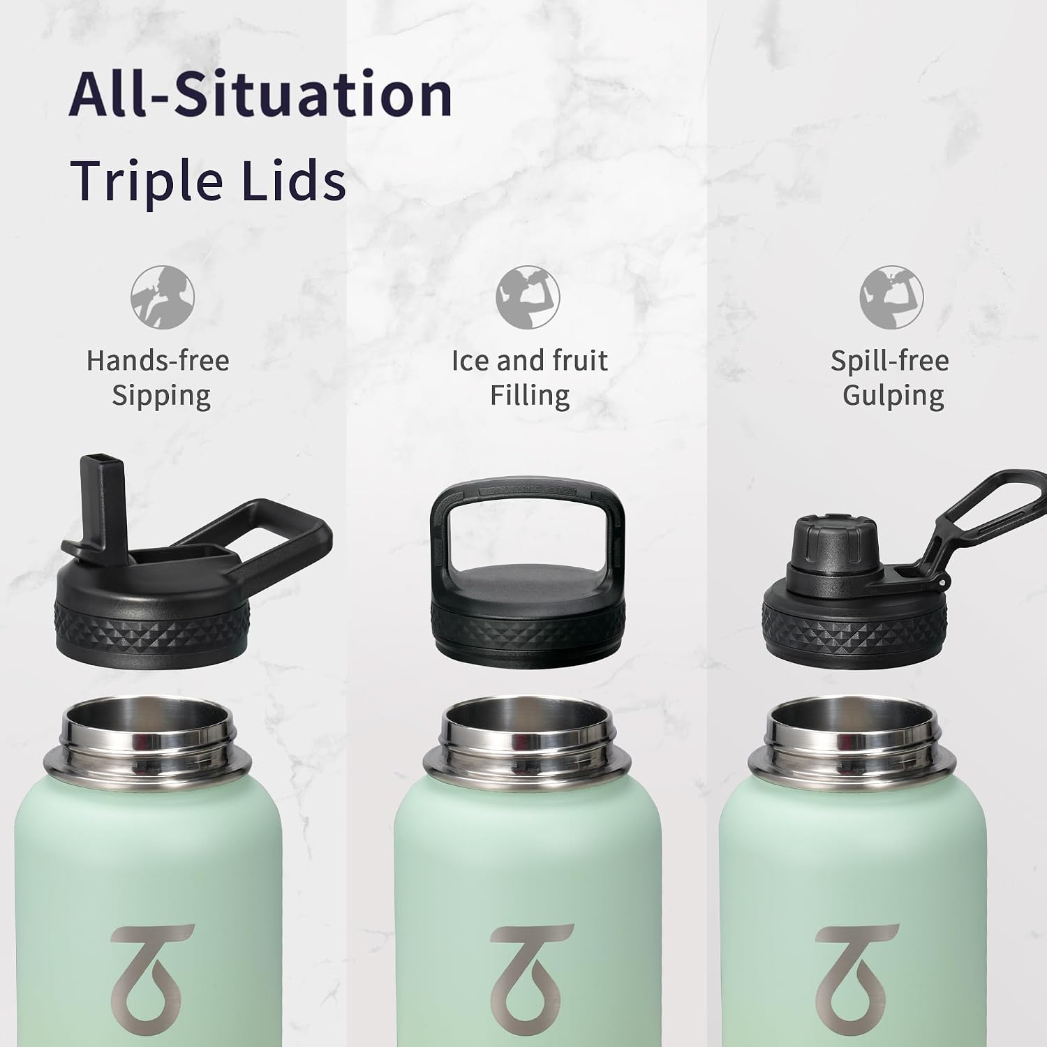 Detalle de Trebo 40oz Insulated Water Bottle with 3 Lids – Dark Green