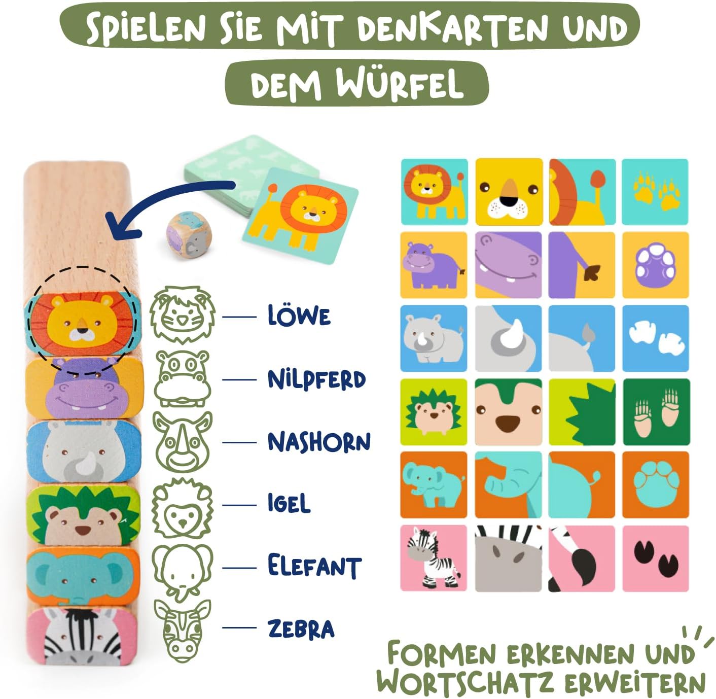 Detalle de Nene Toys 4-in-1 Holz-Wackelturm aus Buchenholz (Familienspiel & Lernspiel) – Safari-Tierspiel für Kinder 3–9