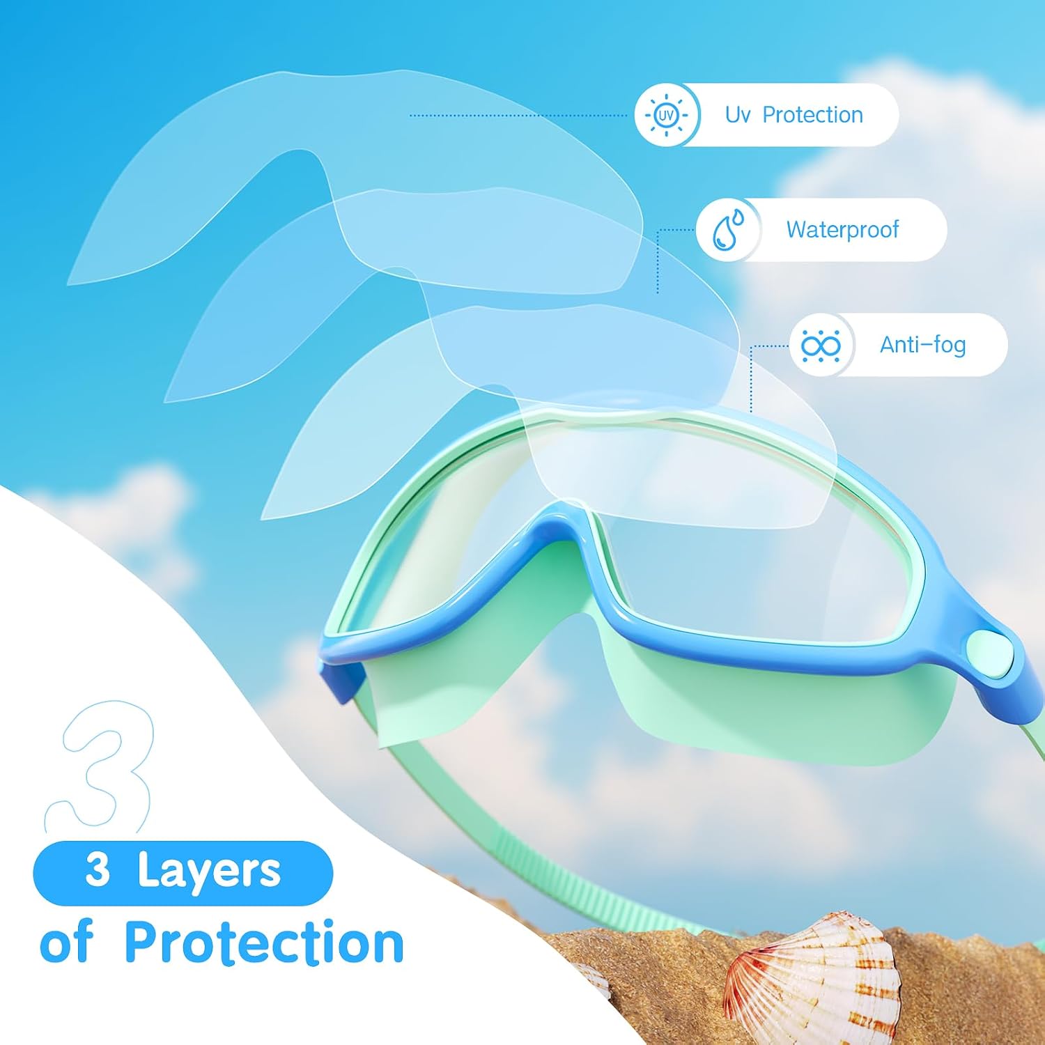 Detalle 2 de Senders 2 Pack Kids Wide Vision Anti-Fog Swimming Goggles