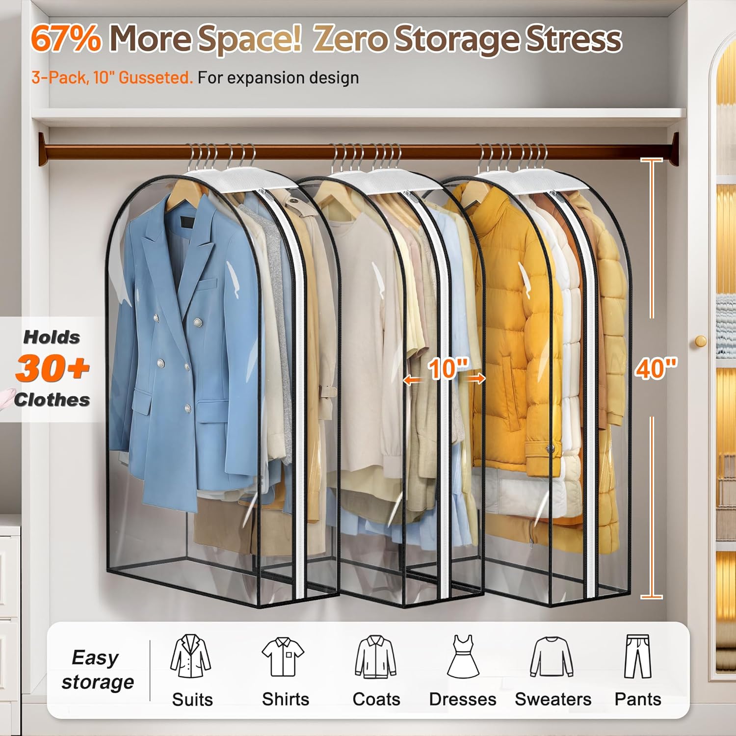 Detalle de MISSLO 10" Gusseted 40" All-Clear Hanging Garment Bags (3-Pack) for Suits, Coats & Dresses