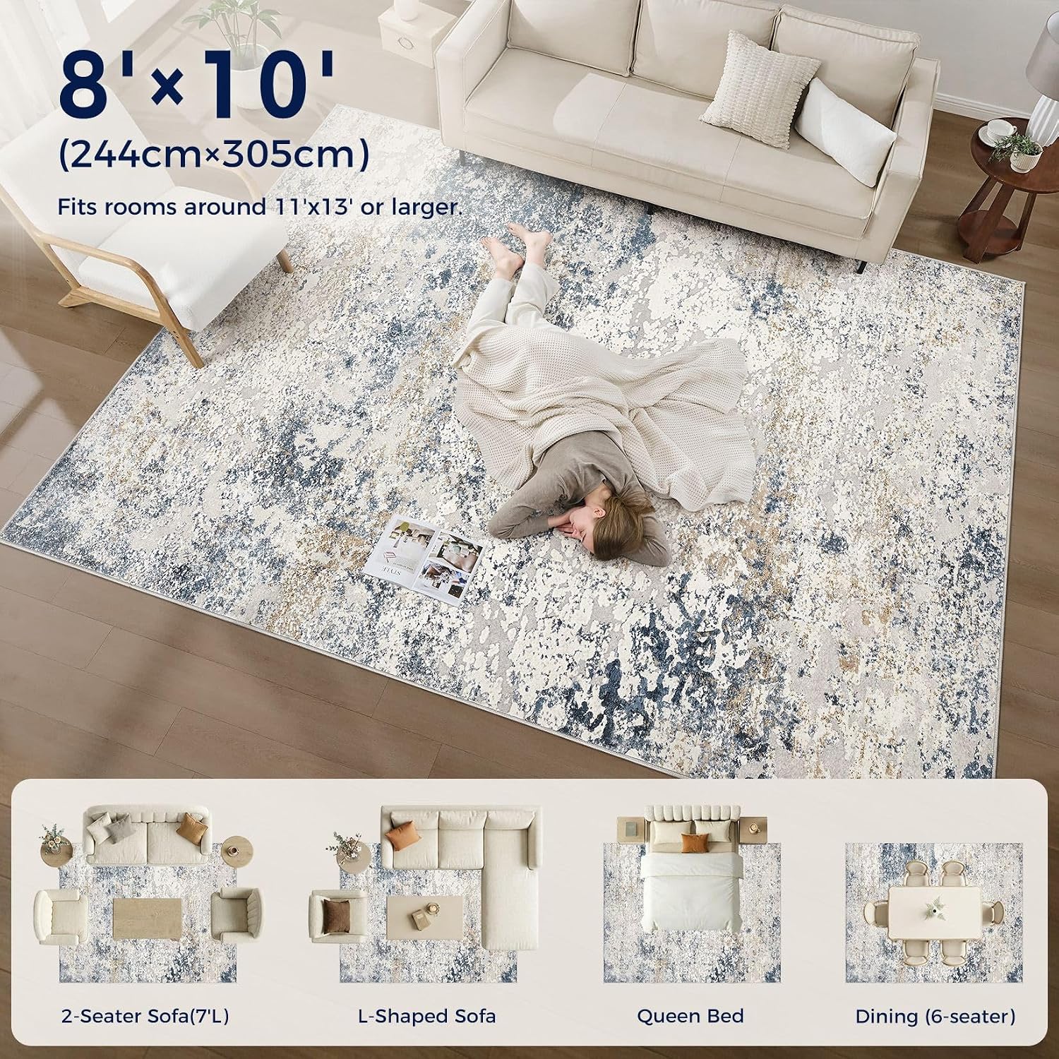 Thumbnail 6 de DMOYEST 8x10 Abstract Low Pile Area Rug (Neutral Beige Blue) — Soft, Washable Indoor Carpet