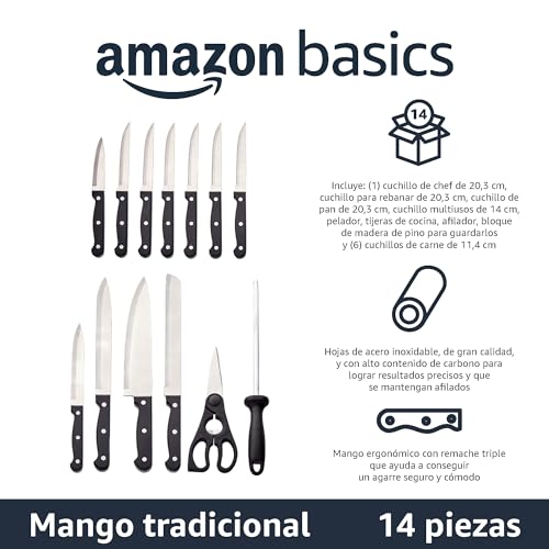 Detalle 2 de Amazon Basics Juego de Cuchillos de Cocina y Soporte (14 Piezas) – Negro
