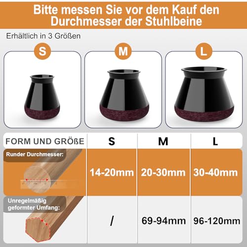 Detalle de RUSIDO 24 Stuhlbeinkappen Schwarz - Gummi, Filzgleiter für Stühle (Fit 14–20 mm)