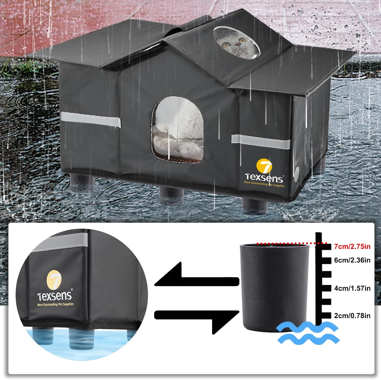 Detalle 2 de Texsens OLI-MW-L-MatteBlack Outdoor Cat House, Insulated and Elevated