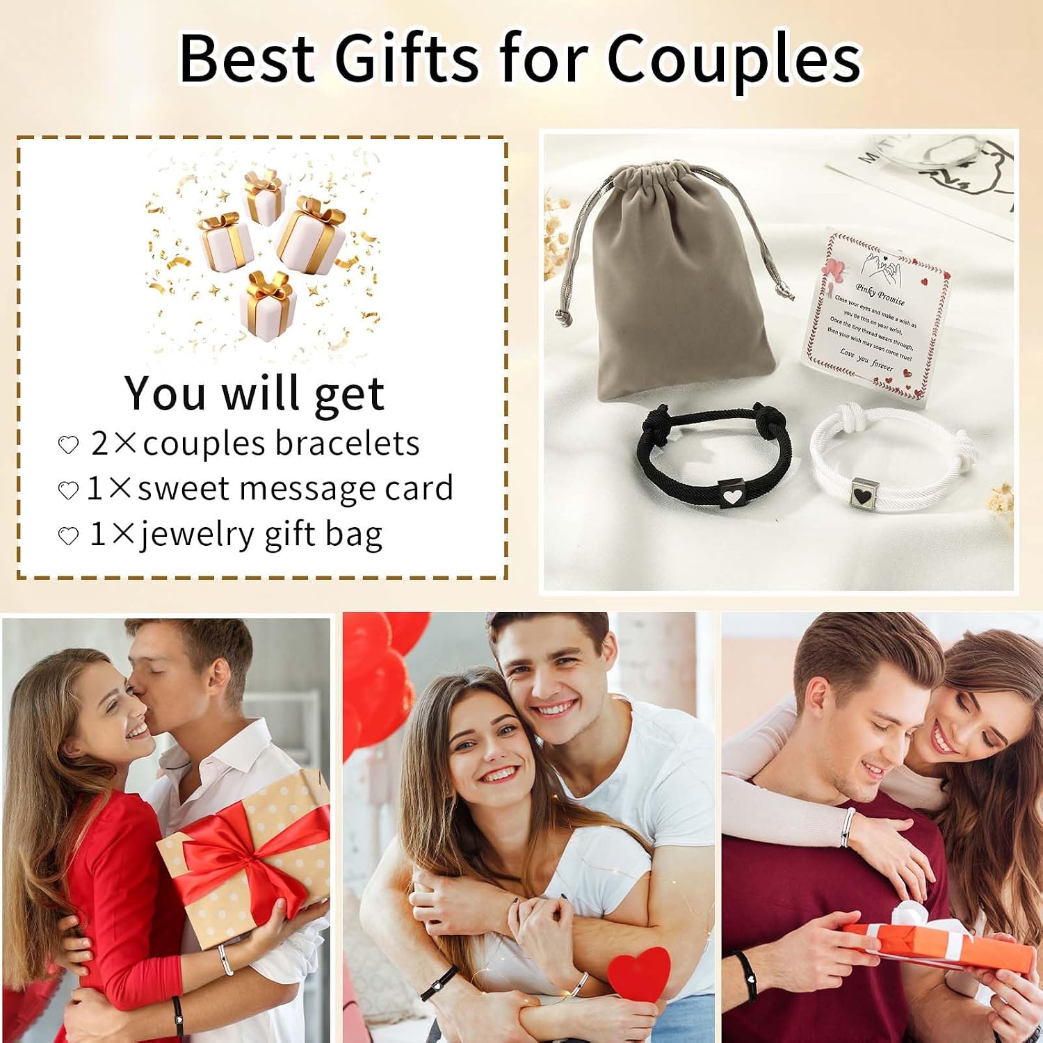 Detalle de Valentin Geschenk Frau – Pärchen Armbänder | Verstellbares Rope-Armband-Duo mit Herz Anhänger