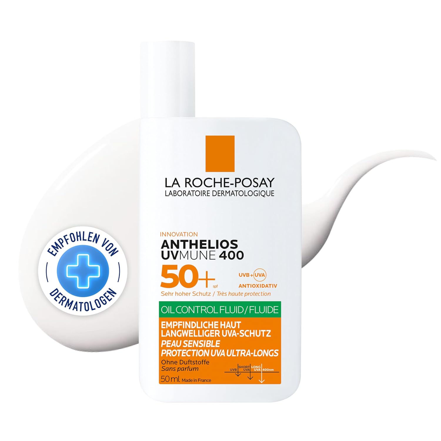 Detalle de La Roche-Posay Anthelios UVmune 400 Oil Control Fluid LSF 50+ Sonnenfluid – für ölige Haut, transparent, 50 ml