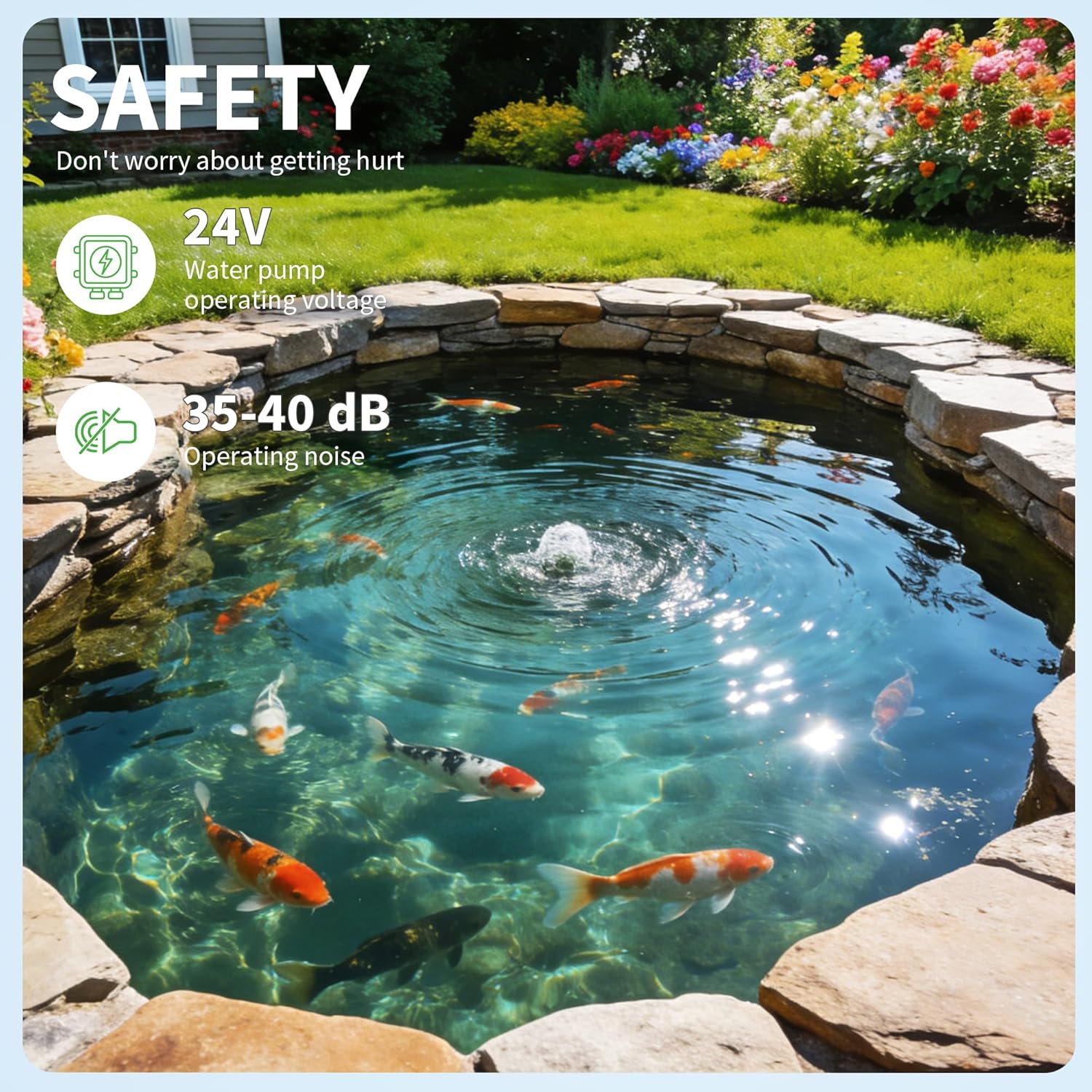 Detalle 2 de POPOSOAP 4600 L/h DC Pond Pump: Safe 24V, Quiet Water Feature Power for Ponds, Aquariums & Fountains