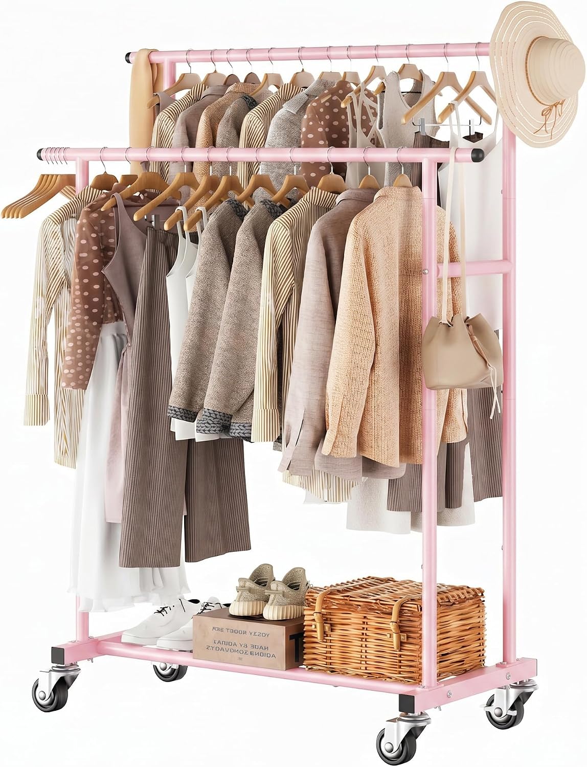 Detalle de Calmootey Rolling Garment Rack, Double-Rod Pink Metal Clothes Organizer