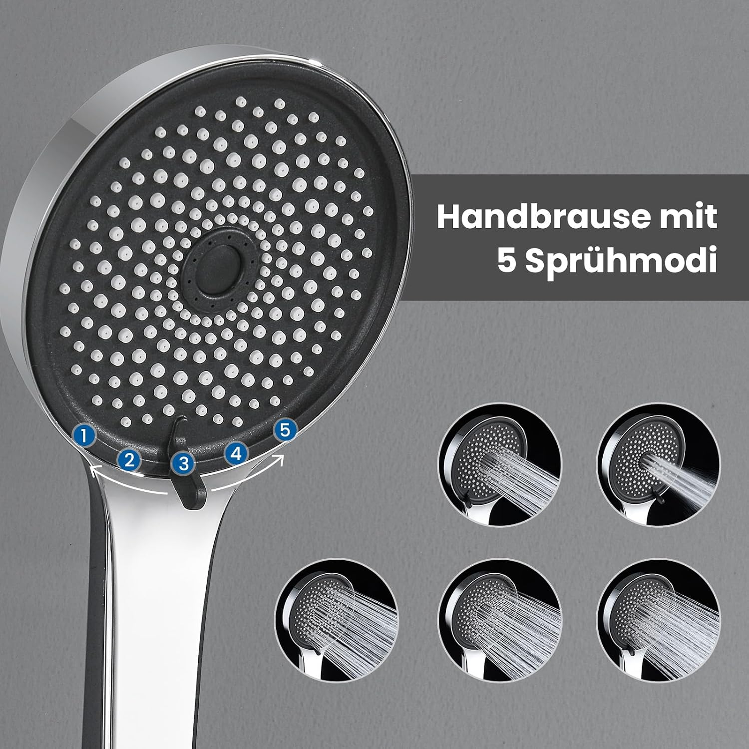 Detalle 2 de Duschstange Komplettset (70 cm) mit 5-fach Handbrause, Edelstahl-Schlauch & Ablage – ohne Duscharmatur, ohne Bohren