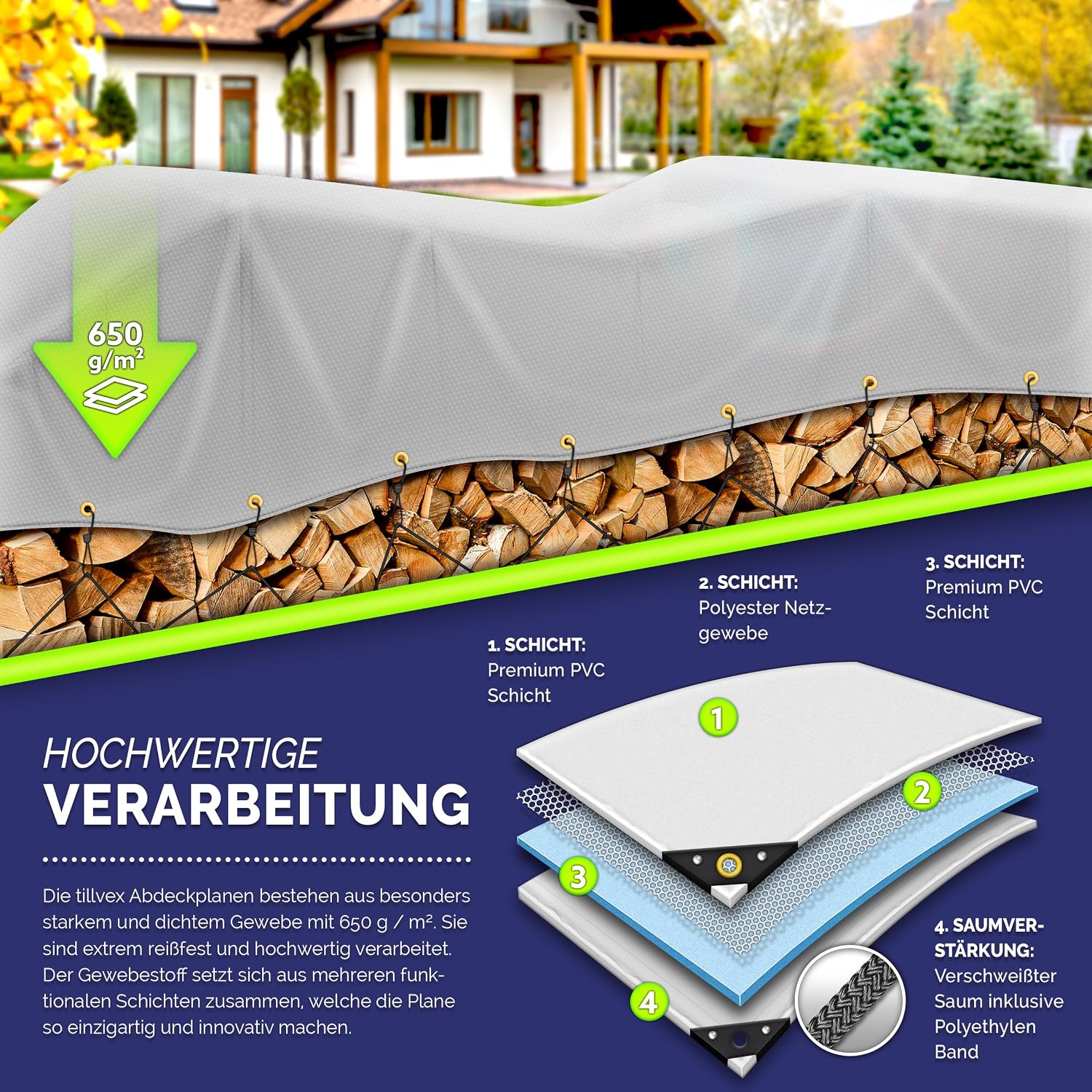 Thumbnail 2 de tillvex® Abdeckplane mit Ösen + 10x Spanngummi & 15 m Abspannseil, Grau (4x8 m) – wasserdicht & reißfest