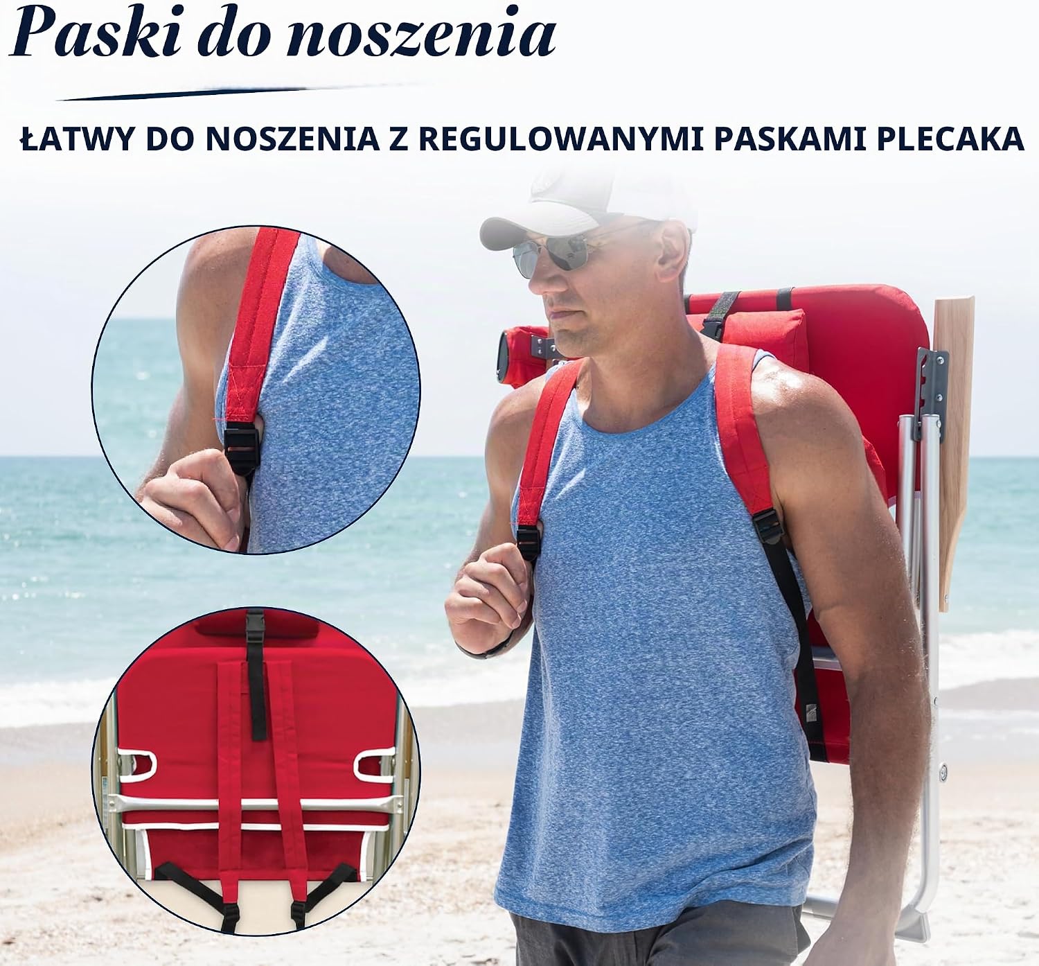 Detalle de Caribbean Joe składany fotel plażowy 4-pozycyjny z zagłówkiem i paskami