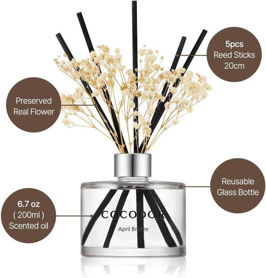 Detalle de Cocod'or White Jasmine Reed Diffuser Set, 200 ml, 2-Pack with Preserved Flower