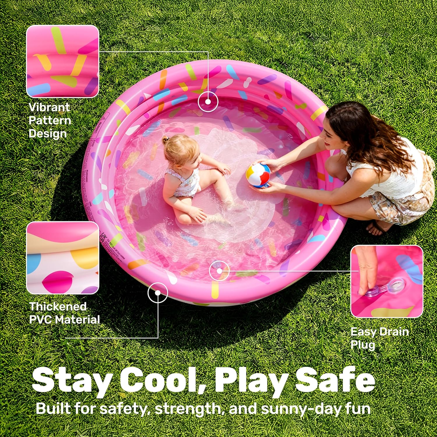 Detalle de 3 Pack 45" x 10" Inflatable Kiddie Pools (Watermelon, Pineapple, Cupcake) – Versatile Outdoor/Indoor Fun