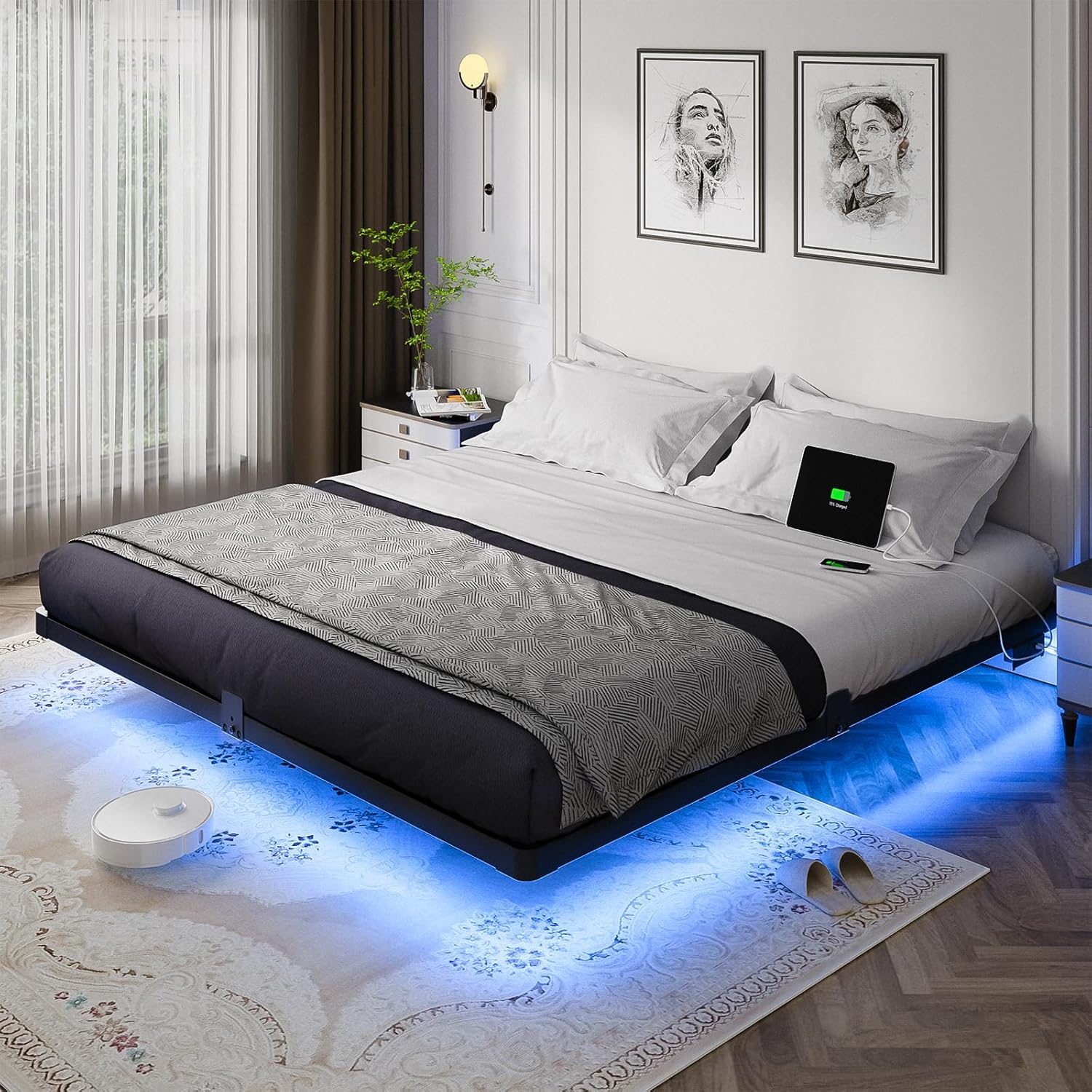 Detalle de OLEVS King Size Floating Metal Bed Frame with LED Lighting and Charging Station