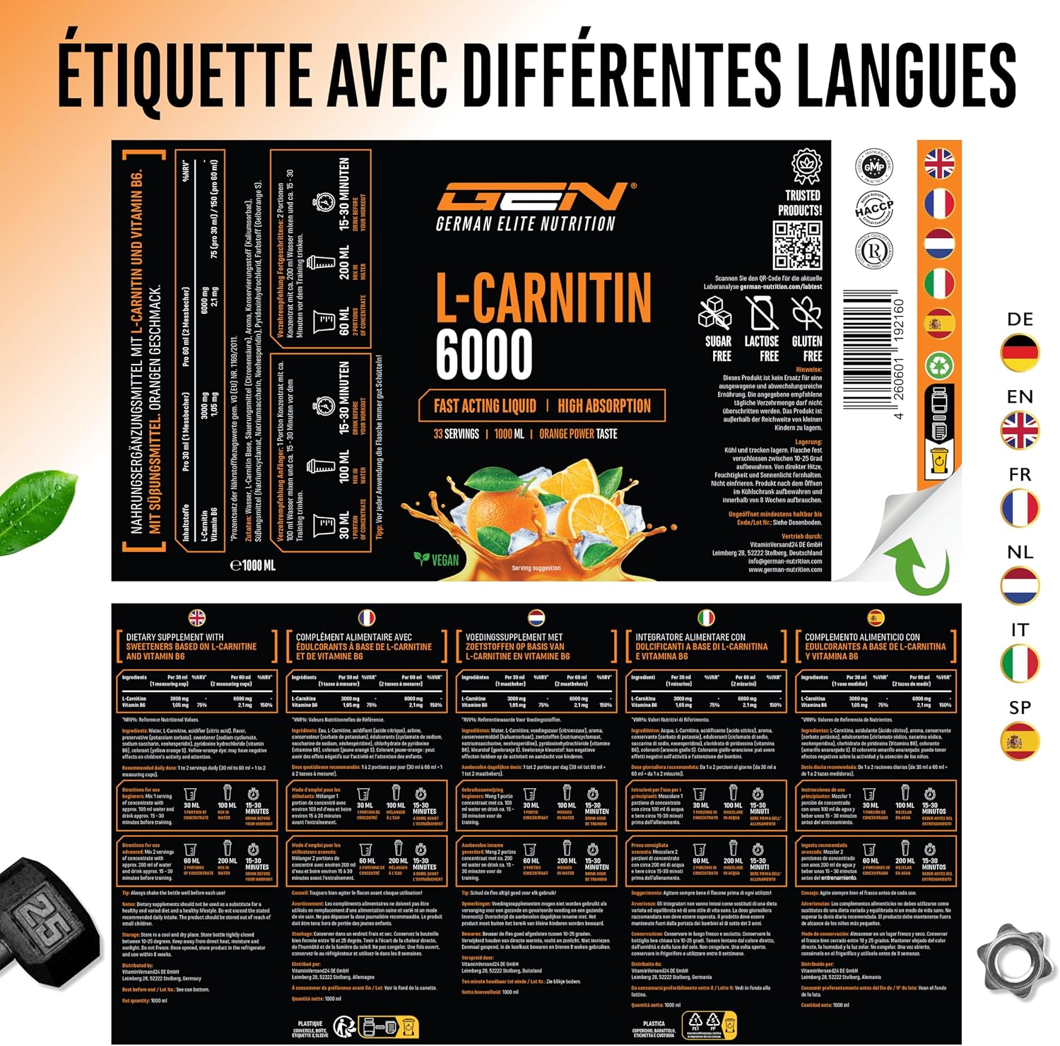 Detalle 2 de L-Carnitine 6000 Liquid 1000 ml goût Orange Power
