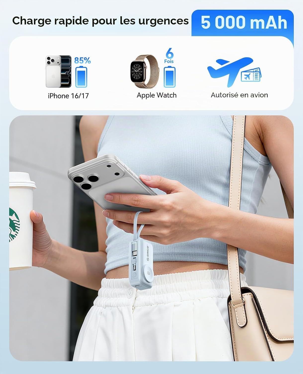 Thumbnail 5 de ORICO Mini Power Bank 5000mAh — Chargeur 3-en-1 PD 22,5W avec USB-C pliable et câble intégré, magnétique Apple Watch, Bleu