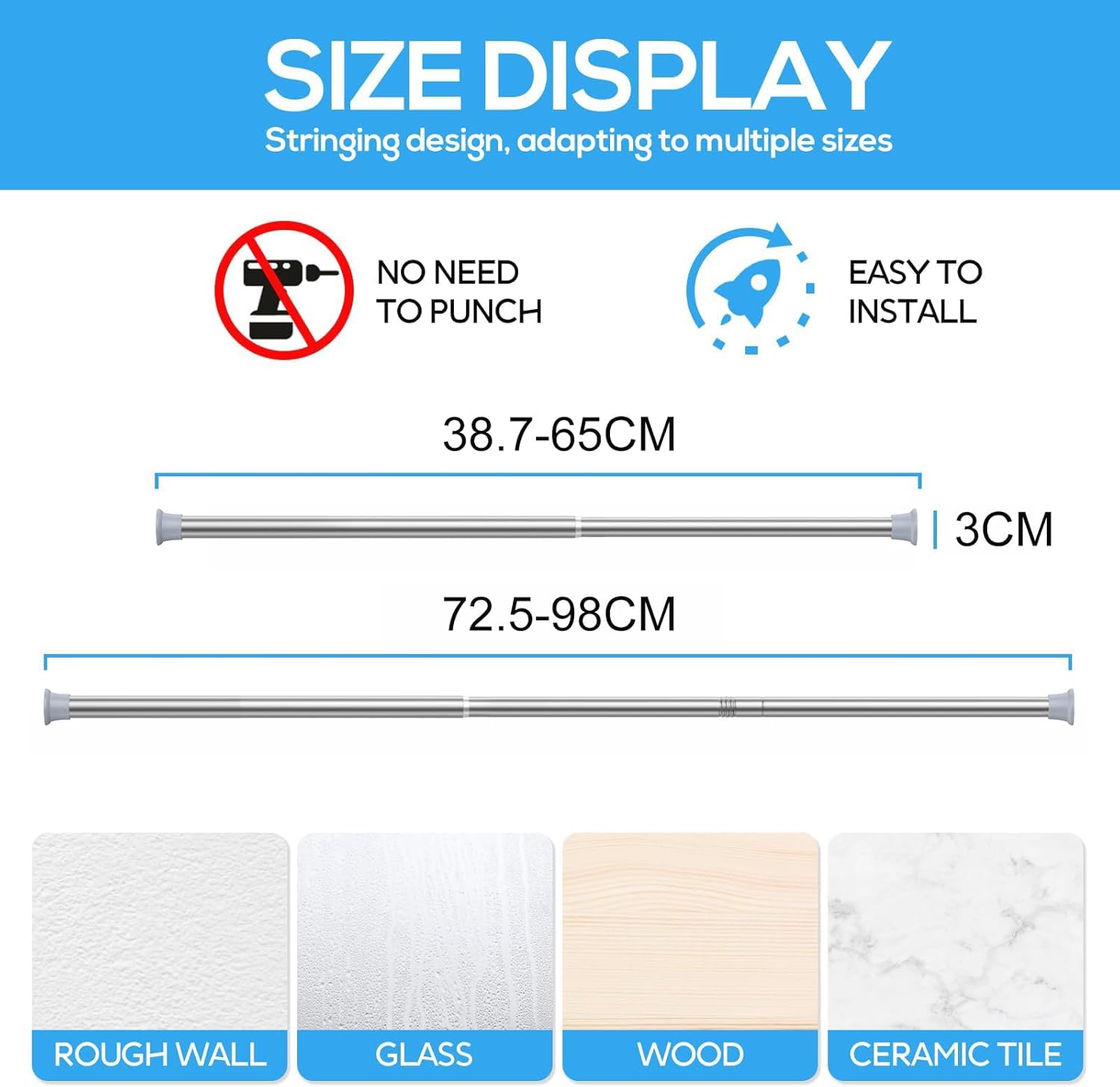 Detalle de Zipglo Small Tension Rod 39-98 cm — Adjustable No-Drill Curtain Pole