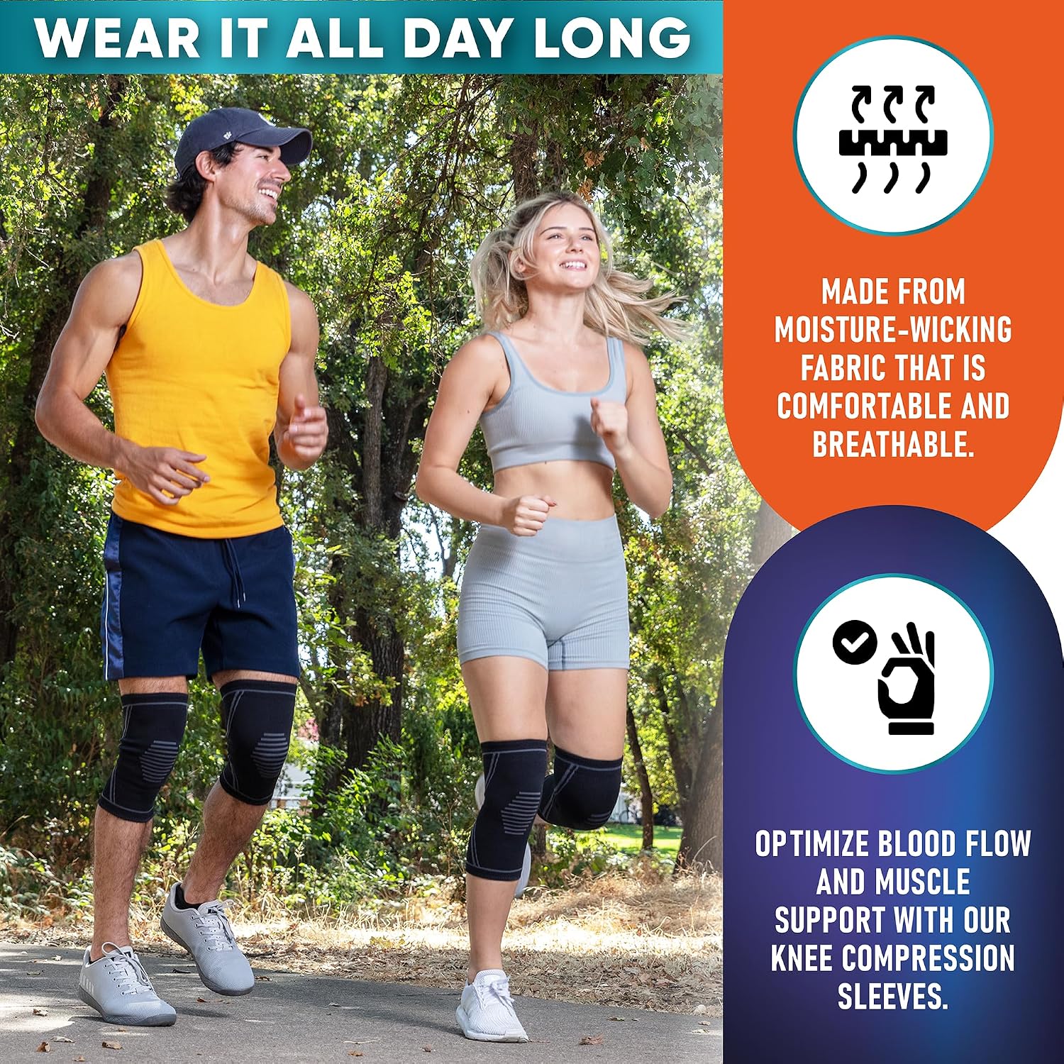 Detalle de PhysFlex Knee Compression Sleeves, Large 2-Pack, Breathable and Moisture-Wicking