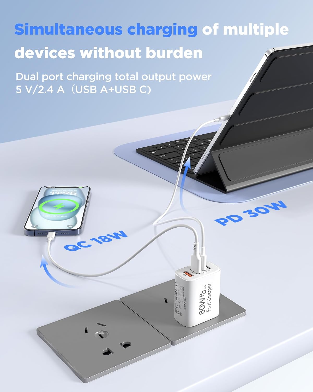 Detalle de 60W USB C Charger, 2-Pack with 10FT Cables — Fast 4-Port Charging Block for iPhone 17 Pro Max and More