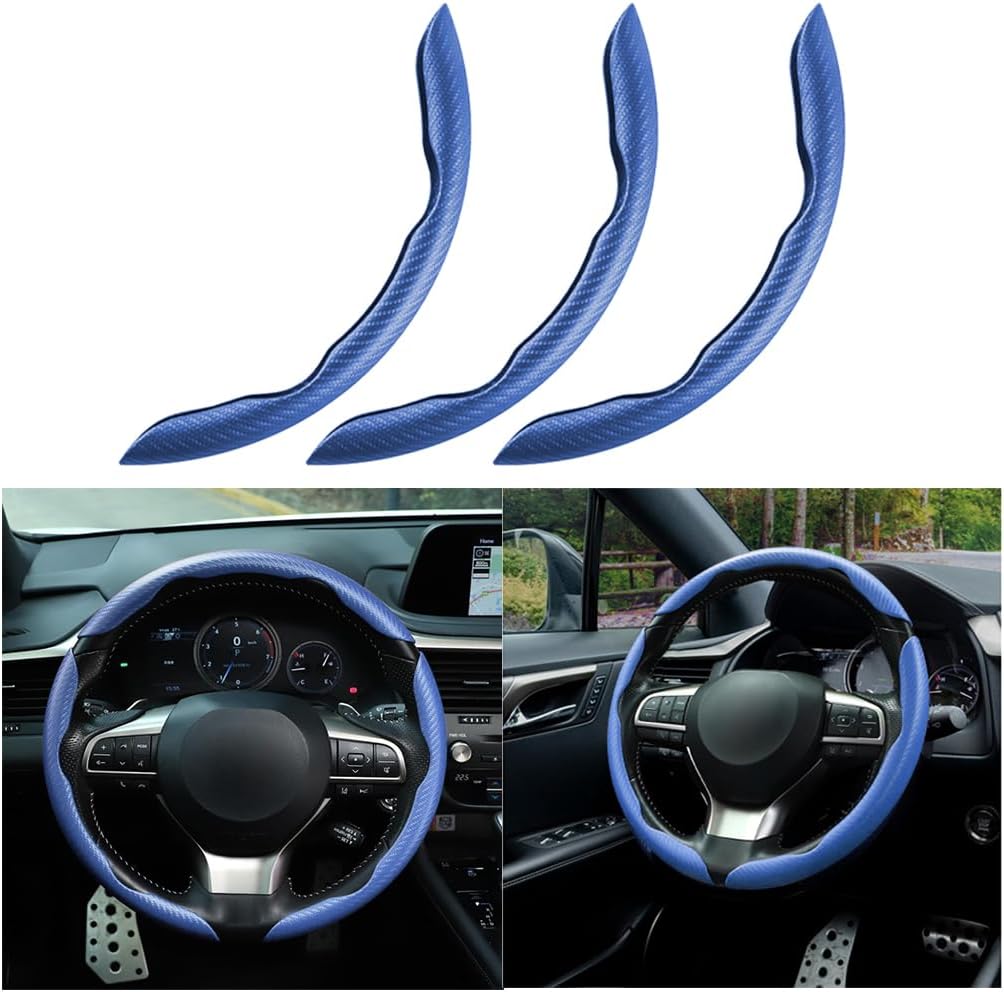 Detalle de Mandark Blue 3-Piece Leather and Carbon Fiber Steering Wheel Covers, 14.5–15-Inch Fit