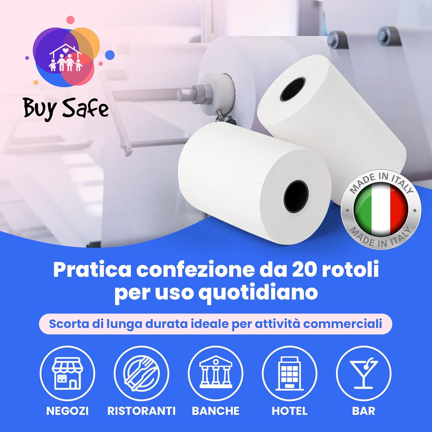 Thumbnail 6 de BUY SAFE 20 rotoli POS universali in carta termica 57 mm x 20 metri, BPA free (made in Italy)