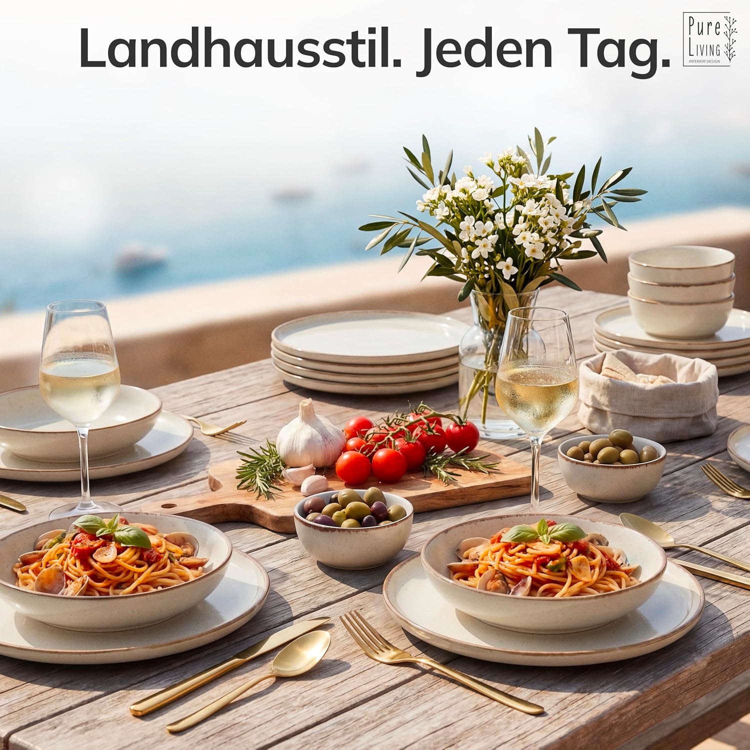 Detalle de Steingut Geschirrset Rustic 24-tlg. für 6 Personen – Pure Living in Beige