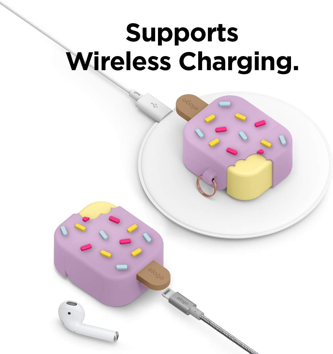 Detalle 2 de elago Étui Glace avec mousqueton pour Apple AirPods – coque en silicone 3D Myrtille